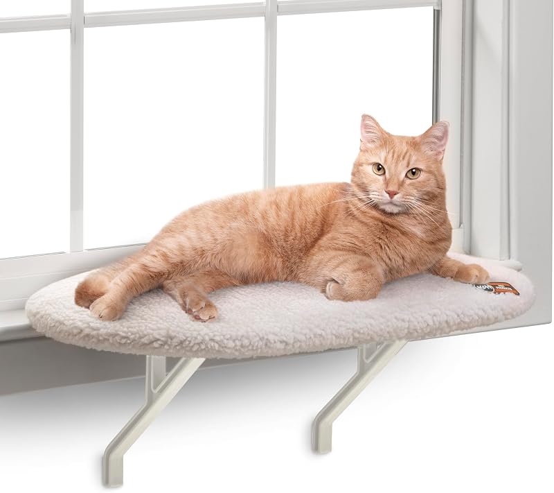 Percha para ventana para gatos K&H, alféizar para gatos sin calefacción, 24 x 14 pulgadas, forro polar | Hamaca ortopédica para ventana de gato con capacidad para 40 libras, funda lavable, asiento de cama para alféizar de ventana de gatito para interiores, forro polar color crema