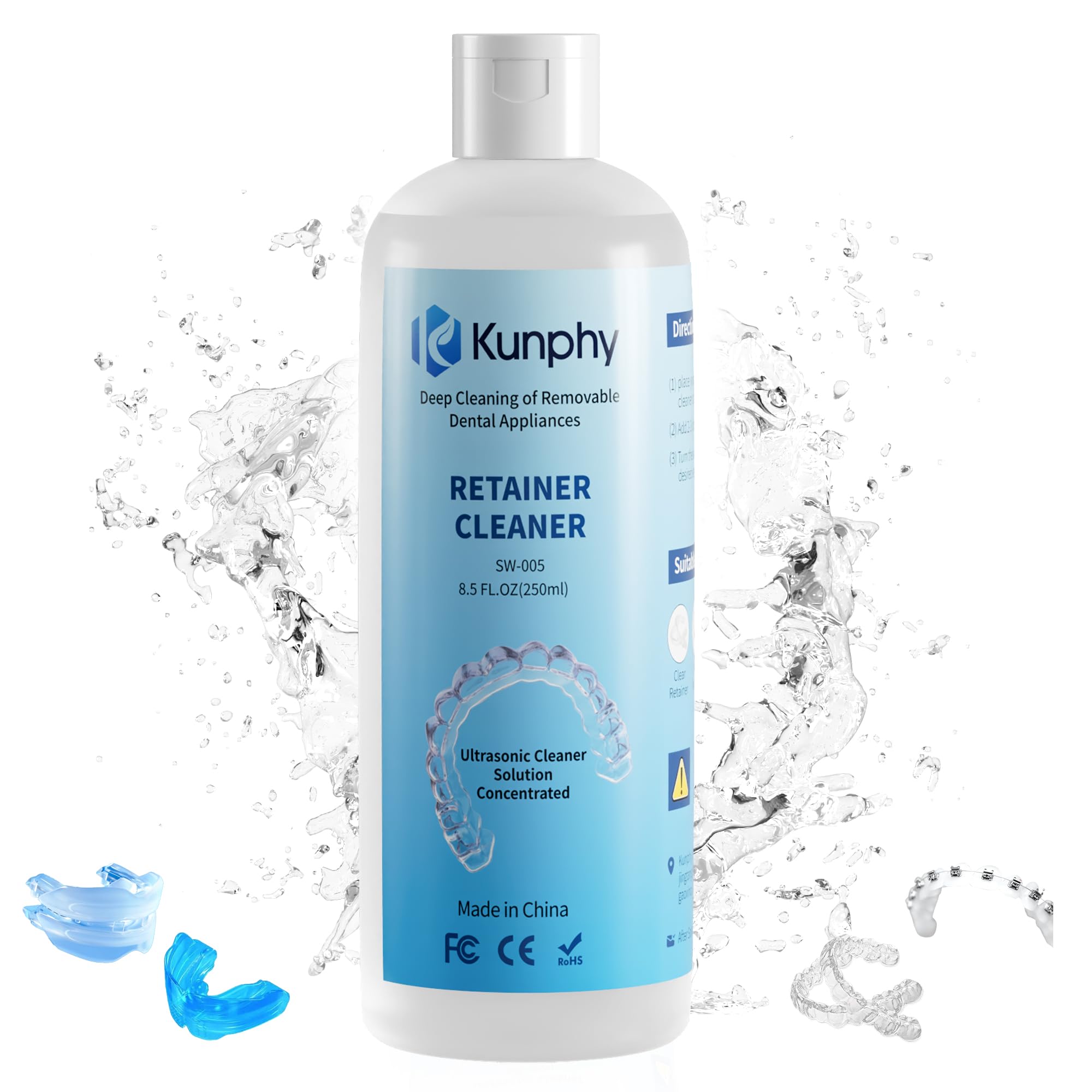 Kunphy Ultraschallreiniger Konzentrat, Prothesenreiniger für Jedes Ultraschallgerät, Professionelle Reinigung von Retainern, Unsichtbaren, Nachtschienen, Entfernt Gerüche & Flecken, 250 ml