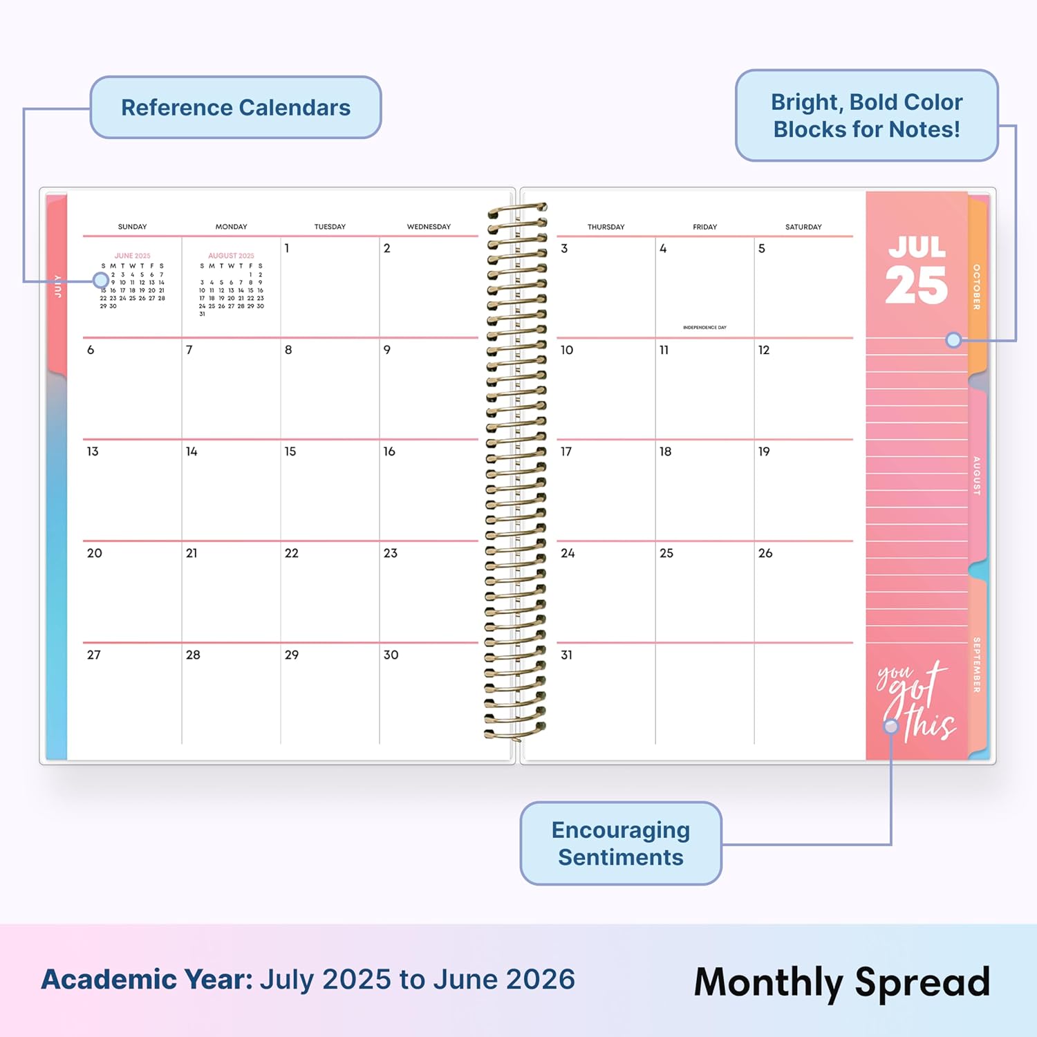 Blue Sky Livewell Weekly and Monthly Academic Year Planner Calendar, July - June, Flexible Cover, Wirebound, Colorful Interior, Laminated Tabs, Storage Pocket, Includes Stickers, Rainbow (Rainbow- 2025/2026, 7" x 9")