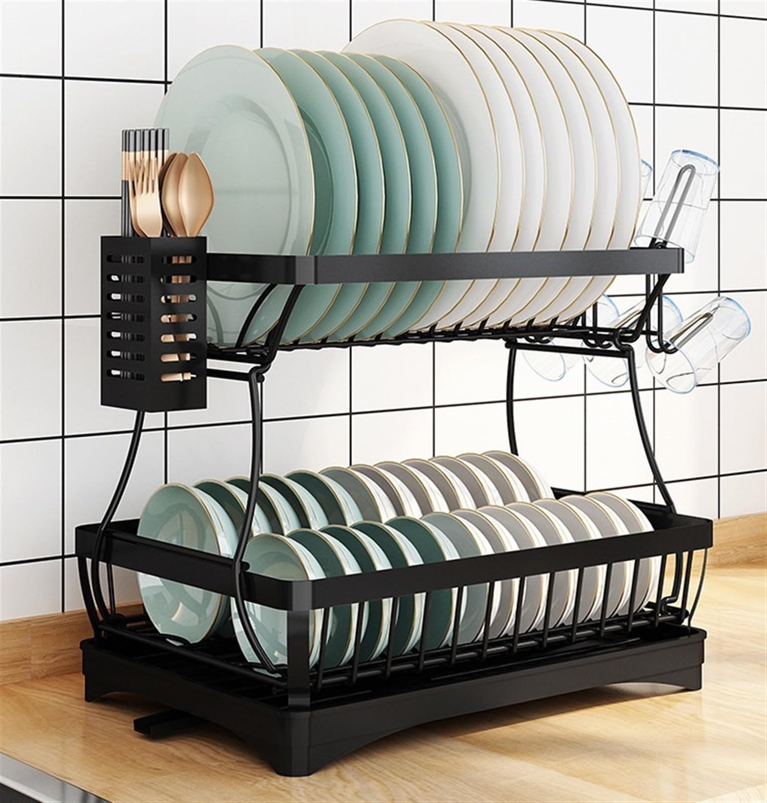 Colector de Cubiertos Rejilla para Secar Platos De 2 Niveles, De Acero Inoxidable, para Organizar La Encimera De La Cocina Escurreplatos Firme