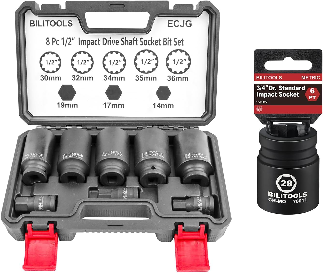 28mm Socket 3/4" Drive Standard Impact Socket & 12 Point Axle Nut Socket Set
