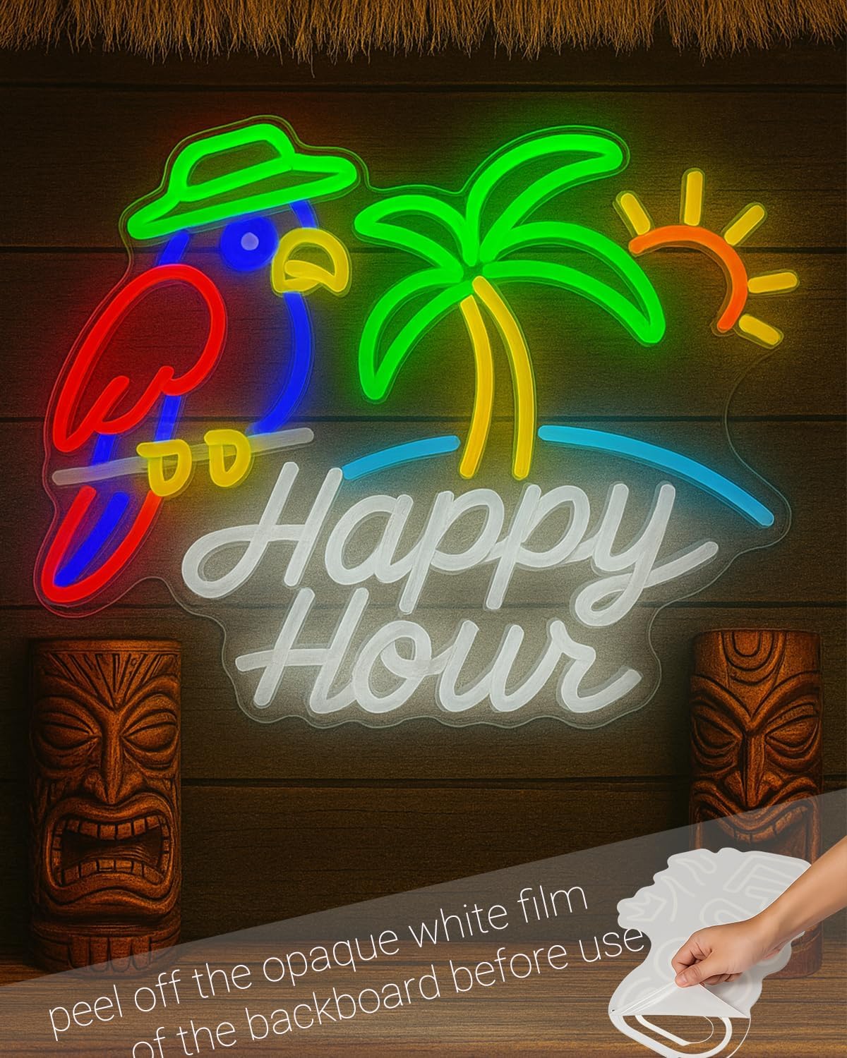 Happy Hour Dimmable Neon Sign 15.7”×12.6” with Parrot, Palm Tree & Sun, Tropical LED Wall Light for Tiki Bar, Home Bar, Beach Party Decor, USB Powered - Image 4