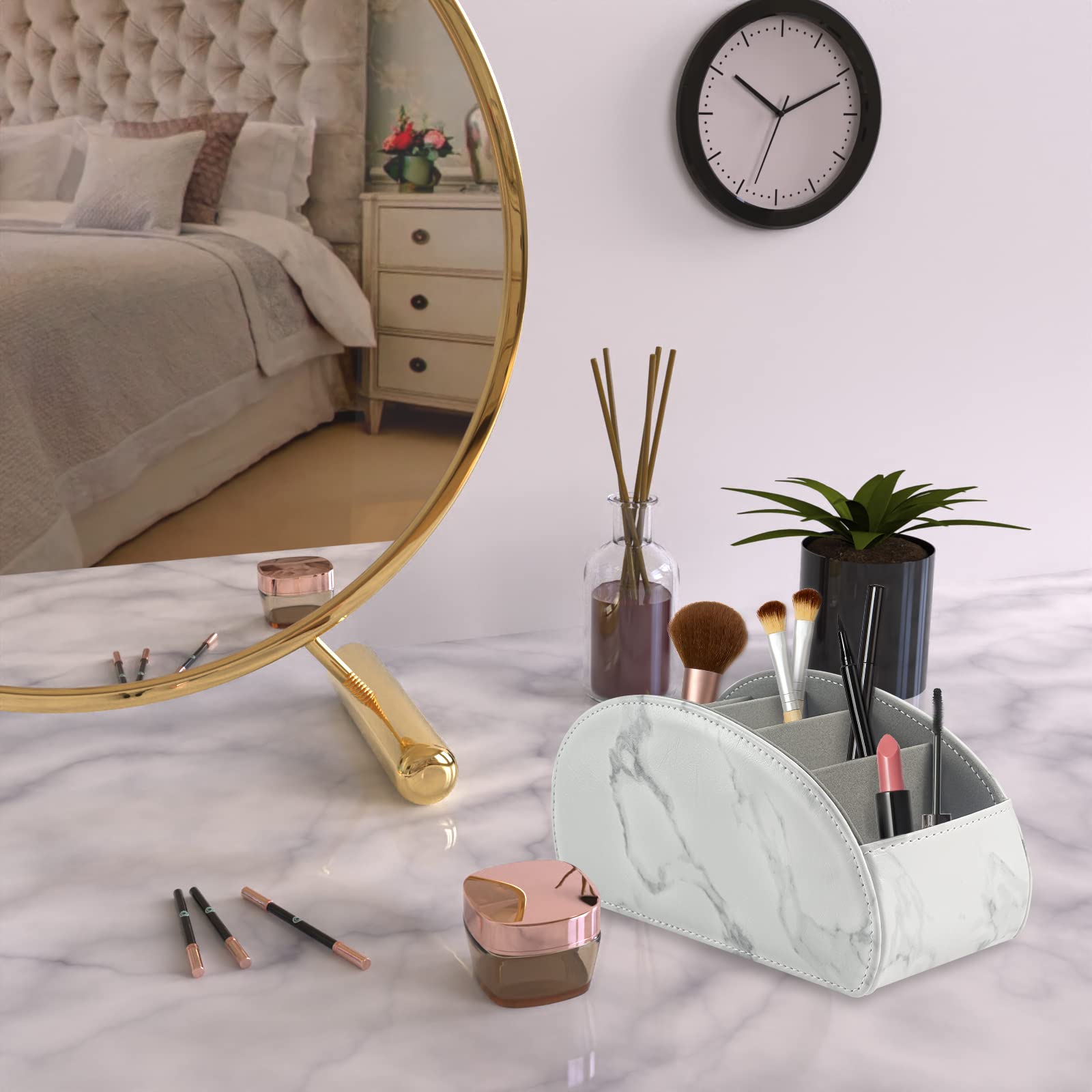 WAYIFON Fernbedienungshalter mit 5 Taschen, Große Halterung für TV, DVD,4K Stick und Bluray Fernbedienungen, Fernbedienung Aufbewahrung für Stifte,L-Marmor Weiß Küche, Haushalt & Wohnen