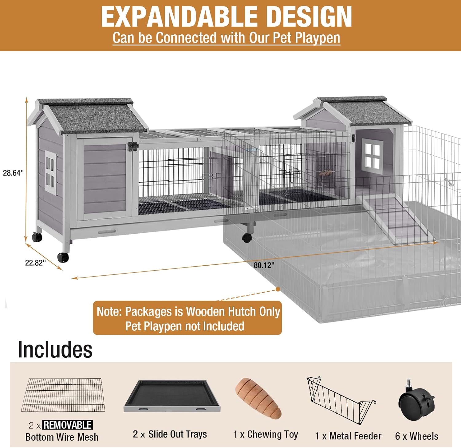 GUTINNEEN Rabbit Hutch Indoor Outdoor Bunny Cage Upgrade Large Space for Rabbit,Guinea Pig,Bunny and Other Small Animals,On Wheels Move Easily.