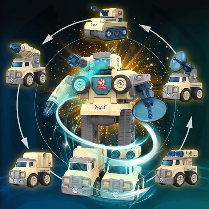 Amazon Com Jantodec 5 In 1 Khaki Peace Defender Robot Action Figure Transforms Into 5 Military Trucks Stem Learning Construction And Building Toys With Play Drill And Screwdriver For Kids Ages 3 Everything Else