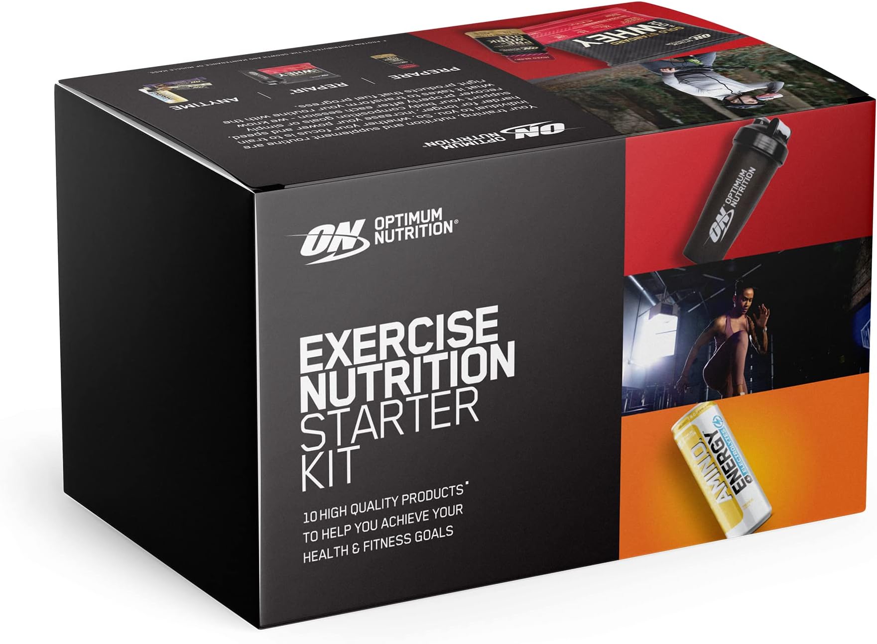 Optimum NutritionStarter Kit, Workout Bundle with Pre Workout Shot, Gold Standard 100% Whey Protein Powder Sachets, Protein Bars, Amino Energy Drinks Can & Shaker, 10 Products per Pack, Multicolor