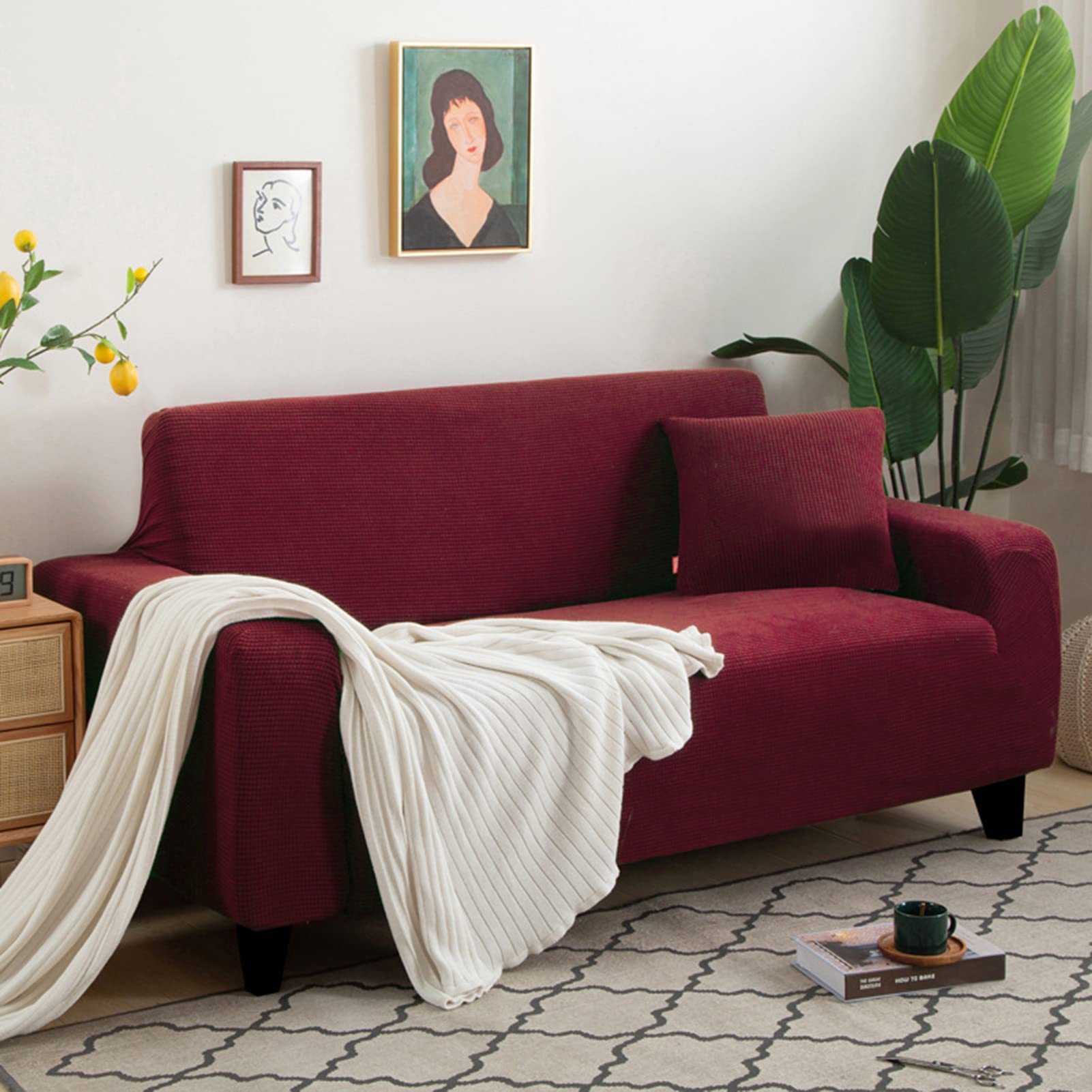 Housse de canapé jacquard rouge extensible pour salon chaleureux 1 place
