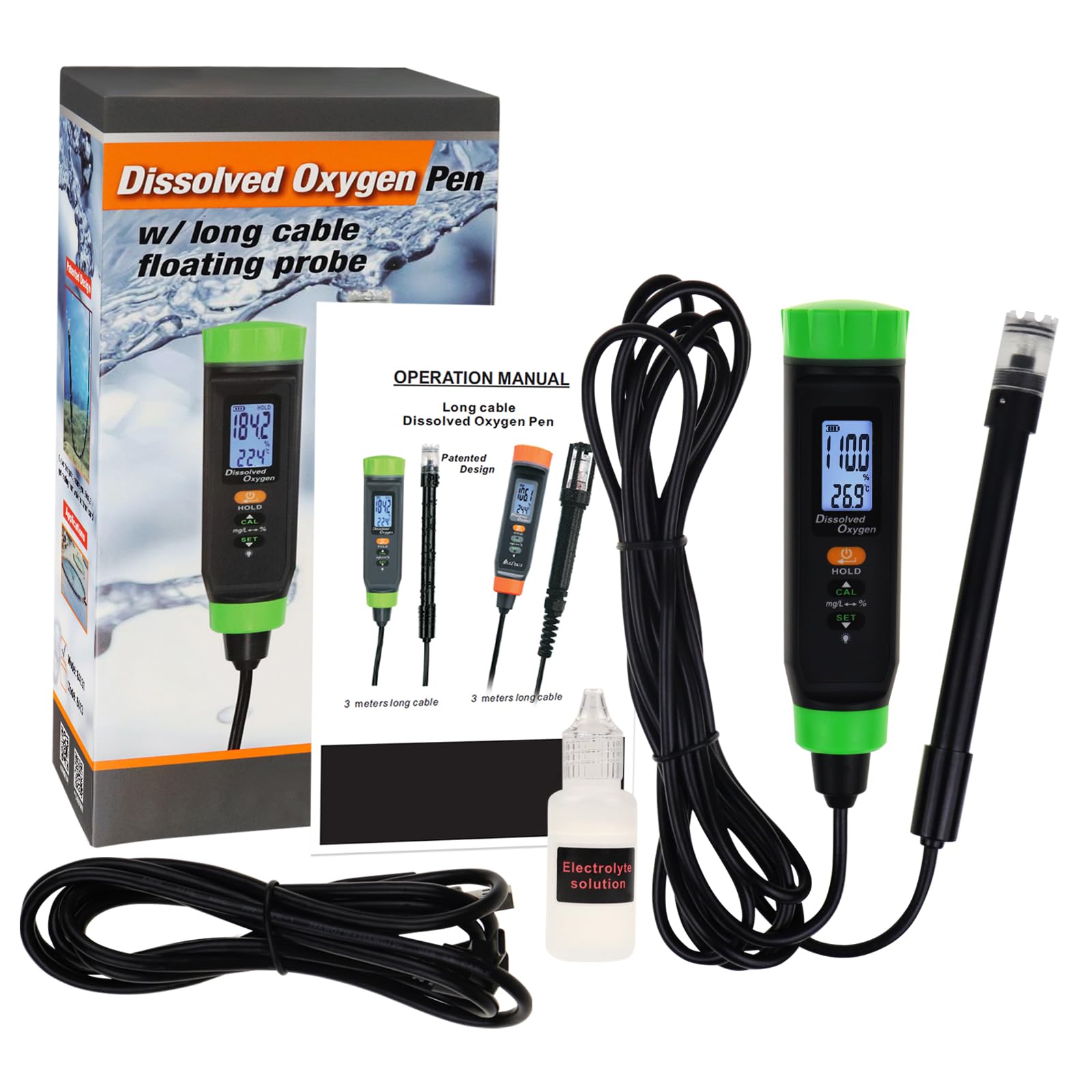 Medidor digital recargable de oxígeno disuelto | Medidor preciso de OD con sonda autoflotante, cable largo, LCD y batería ecológica | Ideal para peceras, hidroponía y más