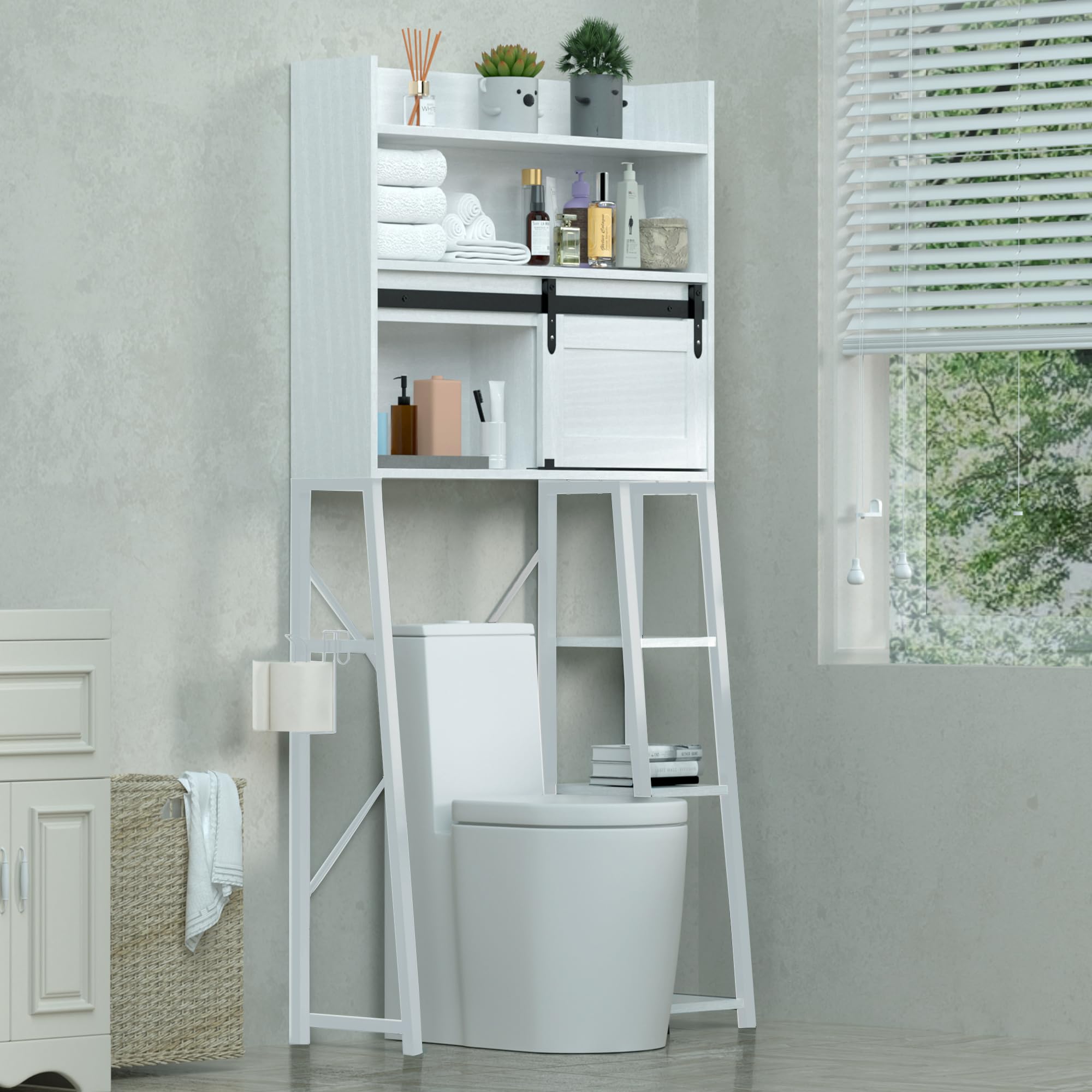 Over The Toilet Storage Cabinet with Toilet Paper Holder Stand, 2-Tier Mass-Storage Over Toilet Bathroom Organizer with Sliding Door and Space-Saving Rack for Bathroom Laundry (White)