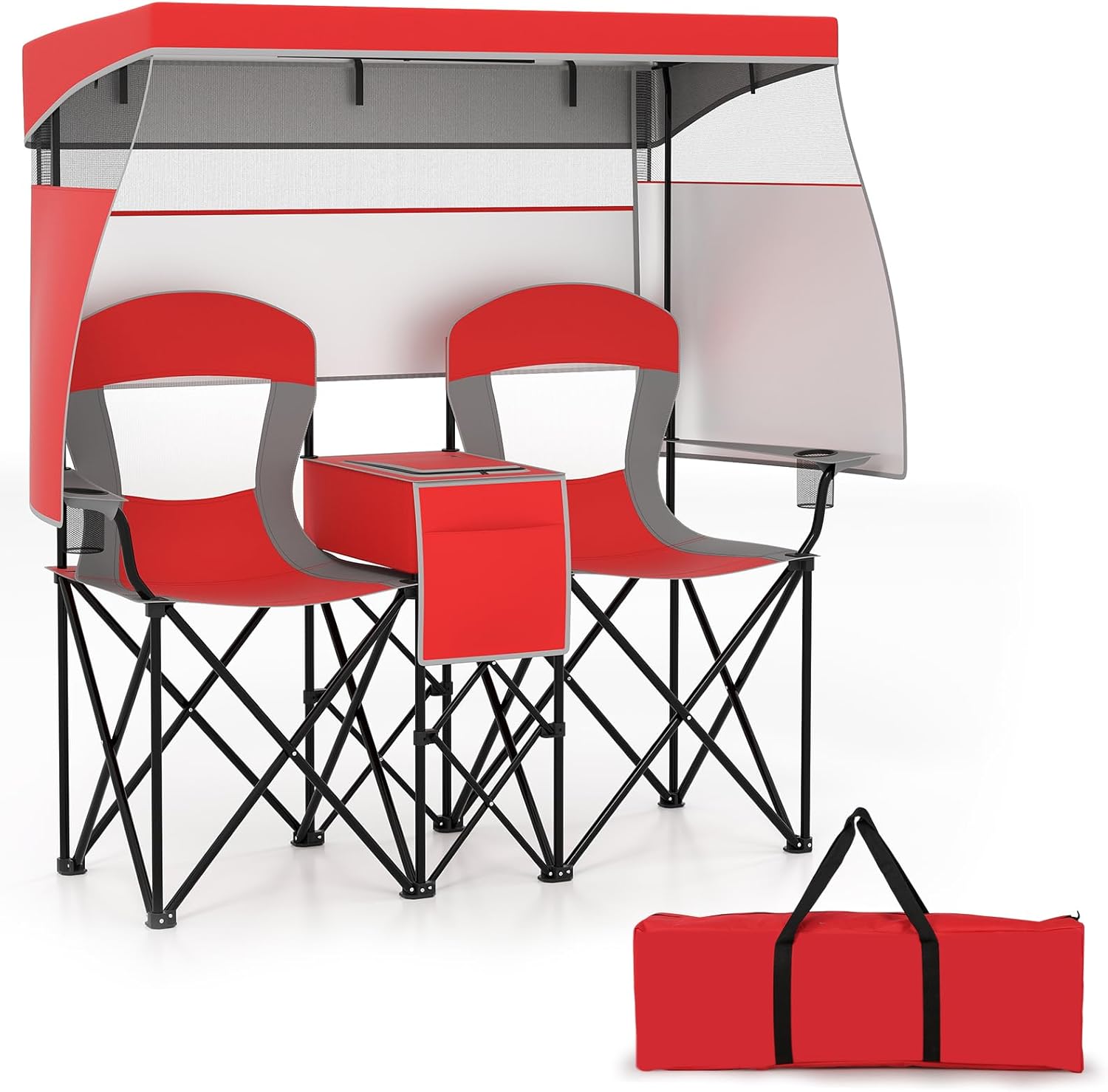 Goplus Double Beach Chair w/Adjustable Canopy, Oversized Folding Camping Chair w/Roll-up Shade, Cooler Bag, Cup Holders, Carrying Bag, 2-Person Portable Loveseat for Sports Fishing (Red)