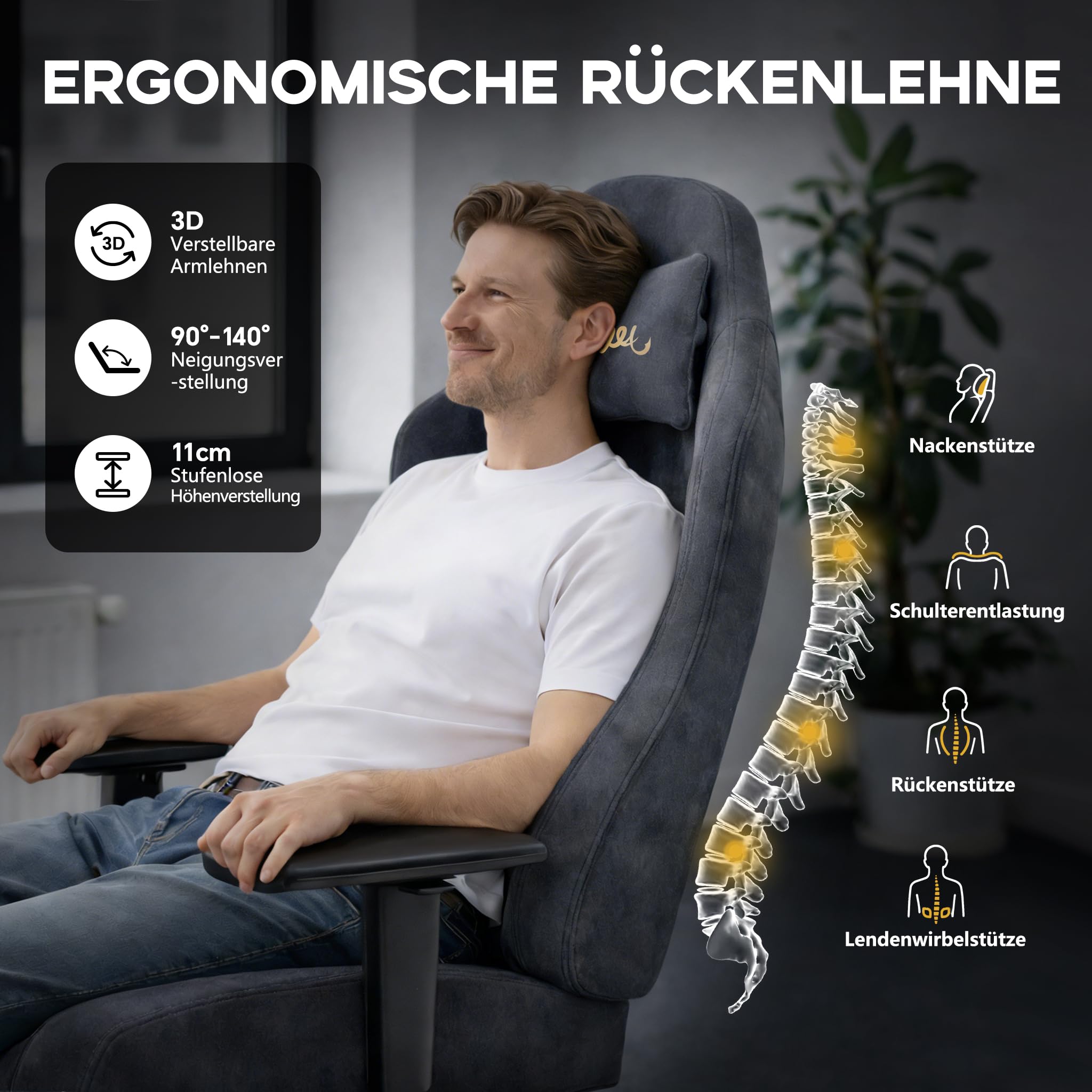 Gaming Stuhl Gamer Sessel wildlederartiger Stoff 3D-Armlehnen neigbare Rückenlehne höhenverstellbarer Sitz ausziehbare Fußstütze Lenden- & Kopfstütze 220 kg Belastbarkeit Grau