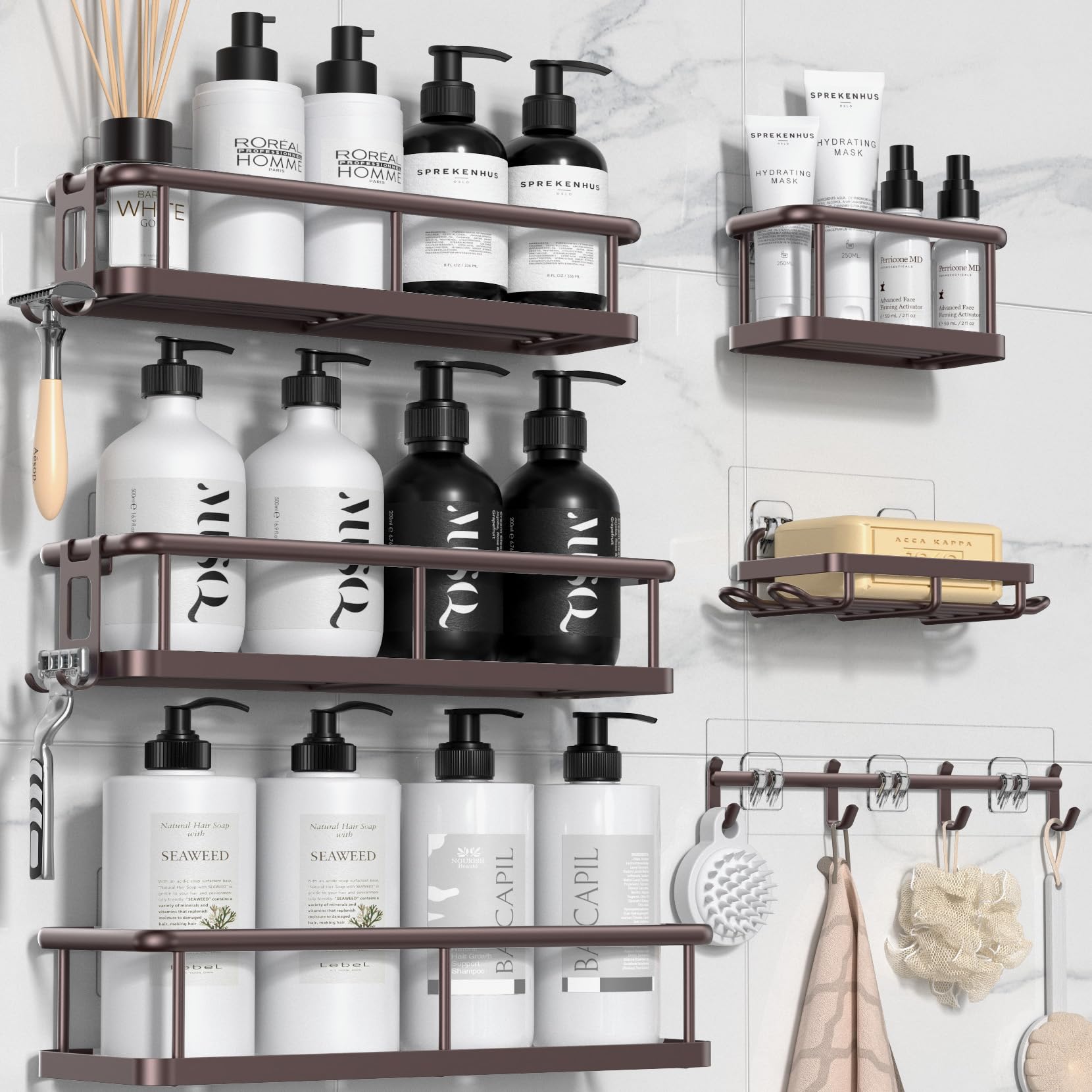 YASONIC Shower Caddy 6 Pack Large Capacity shower Organizer with Soap Holder and 12 Hooks Rustproof Shelves for