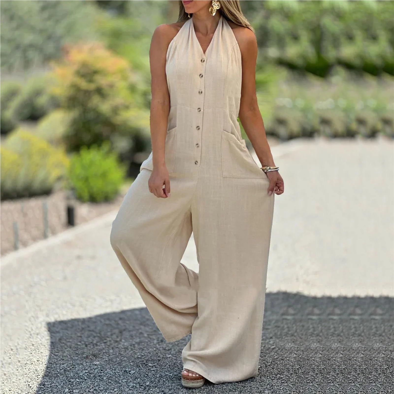 Jumpsuit Donna Tuta estiva ampia e casual da donna, senza maniche, con scollo a V, tinta unita, senza schienale, pantaloni a gamba larga e cropped