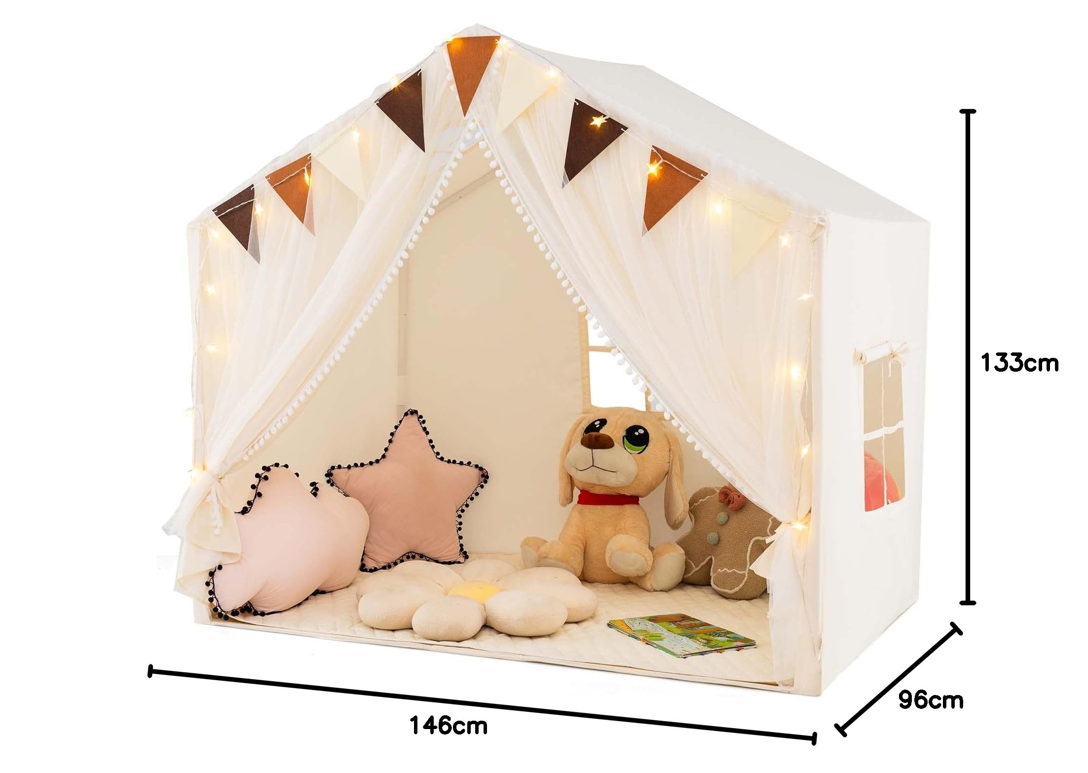COSTWAY Tenda da Gioco per Bambini, Tenda Castello per 3-4 Bambini con Tende in Tessuto e Rete Luci a Stella e Finestre, Materassino in Cotone, per Bambini 3 Anni+, 146x96x133 cm (Beige)