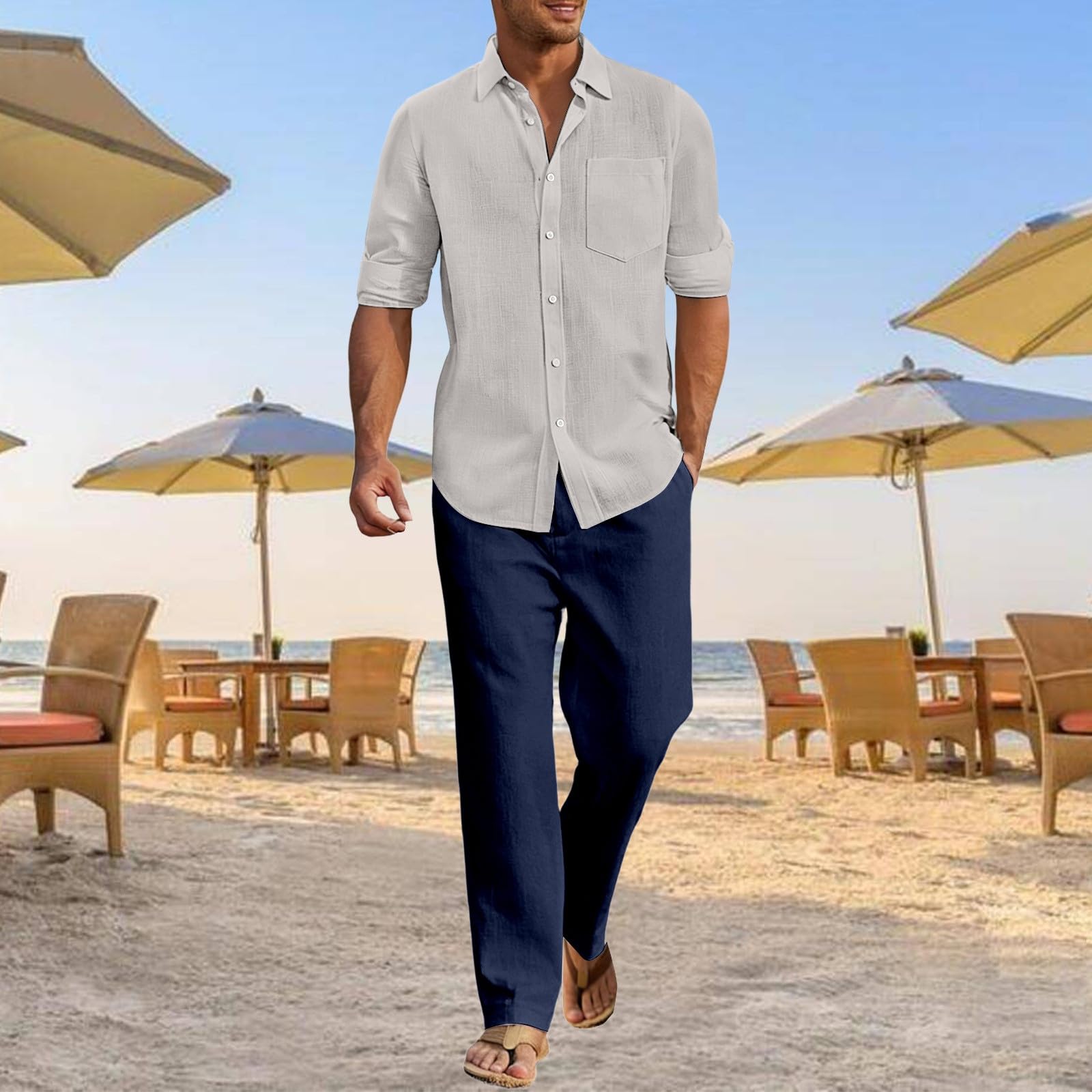 Leinenhemd und -hose mit langen Ärmeln, atmungsaktiv, Resort-Yoga-Loungewear-Outfit