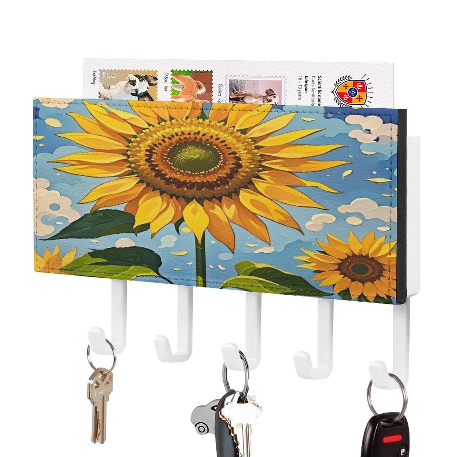 Fekiloot White-Style Sunflower Style Painting Key Holder Wall Mount Decorative Key And Mail Holder With 5 Hooks Key Hanger Organizer Pu Key Rack Decorative Home Decor For Wall Living Room Entryway Office
