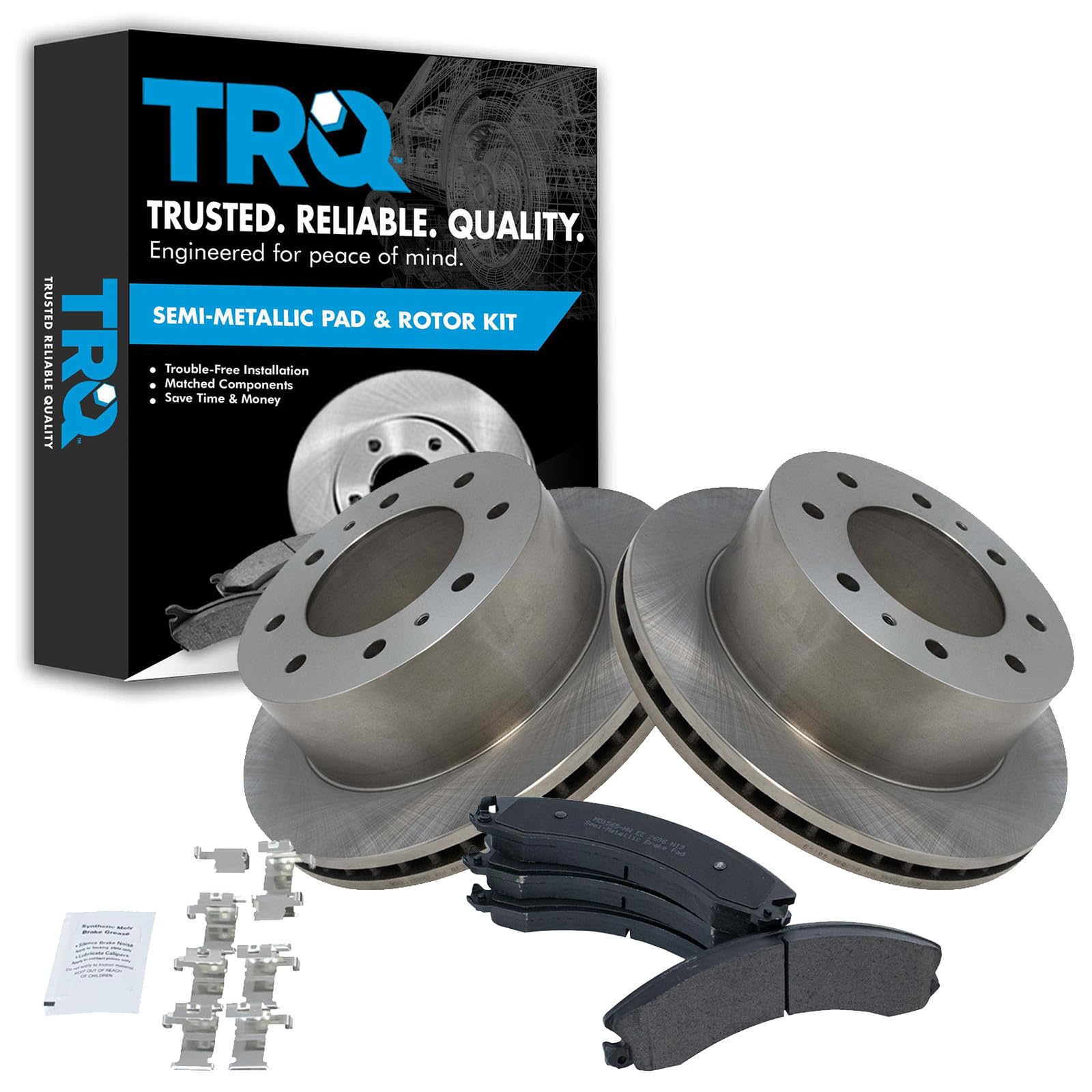 TRQ Rear Brake Pad and Rotor Kit Brake Pads Rotor Semi-Metallic Compatible with 2011-2019 Chevrolet Silverado 2500 HD Silverado 3500 HD 2016-2019 Suburban 3500 GMC Sierra 2500 Sierra