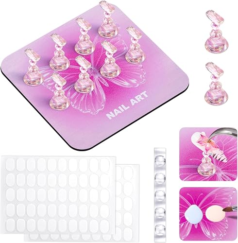 MelodySusie Nail Stand for Press Ons, Super Pink Metal Square With Butterfly Pattern Magnetic Base for Painting Display with Brush Holder And Reusable Double-Sided Tape for Home DIY Salon Supplies