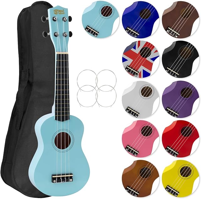 Mad About SU8 ukulele sopranowe w jasnoniebieskim z darmową torbą, kostką i strunami zapasowymi - idealne do szkół i początkujących, teraz z czarnymi węglowymi strunami do ulepszonego tuningu
