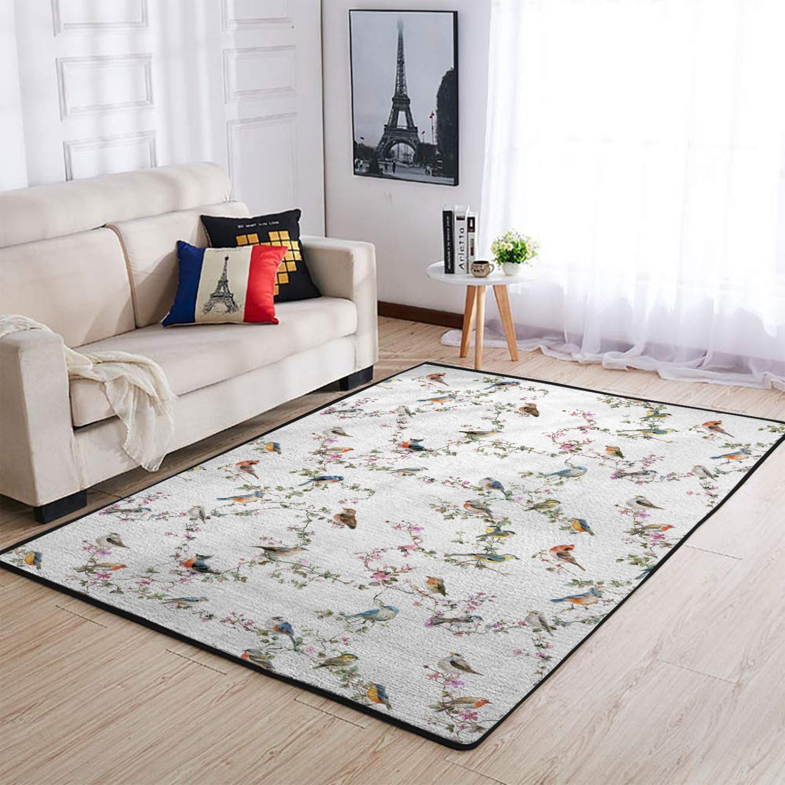 Watercolor Sparrow Spring Floral Area Rugs Birds Flowers Leaves Throw Carpets Animals Floor Mats for Baby Kids Toddler Nursery Bedroom Living Room