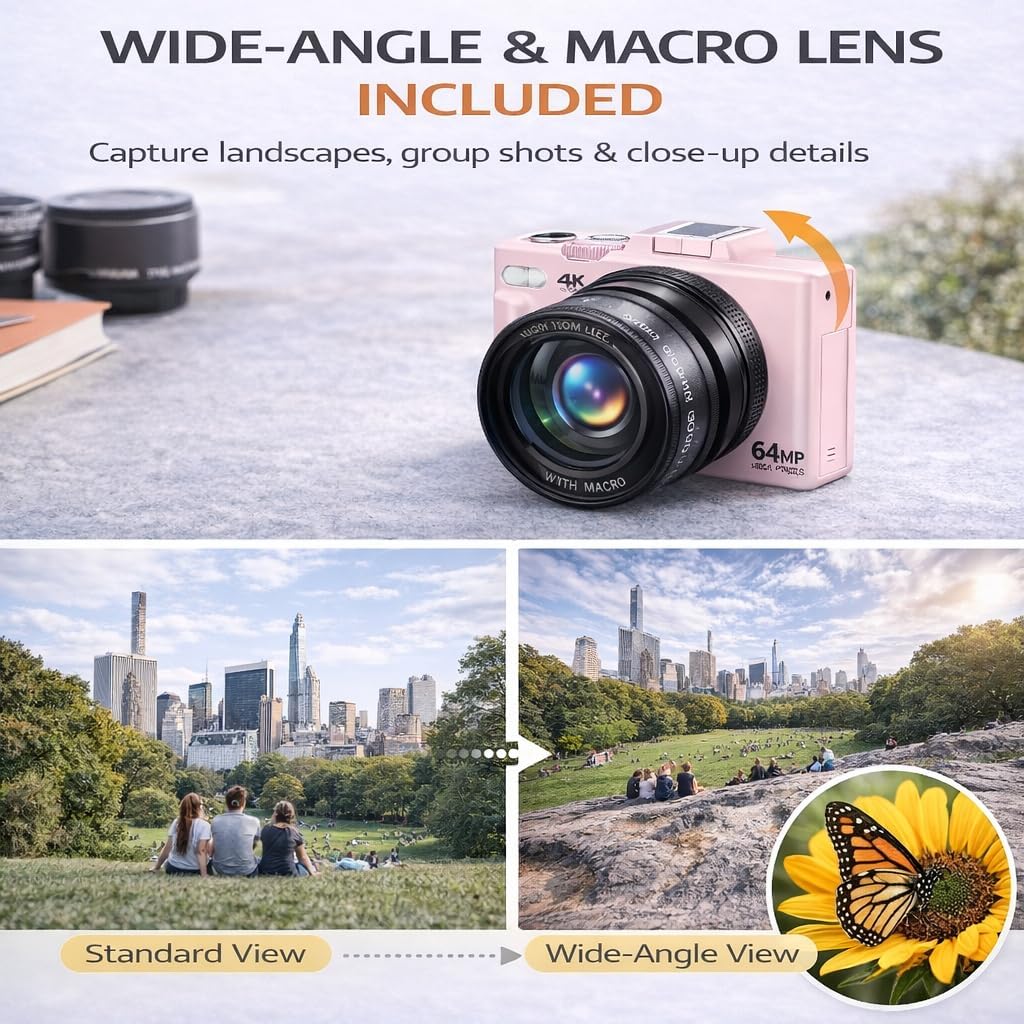 4K Digital Camera 64MP Vlogger Essentials Kit with Flexible Tripod, Carrying Case, Wide Angle Lens, 180° Flip Screen, WiFi, 16X Zoom