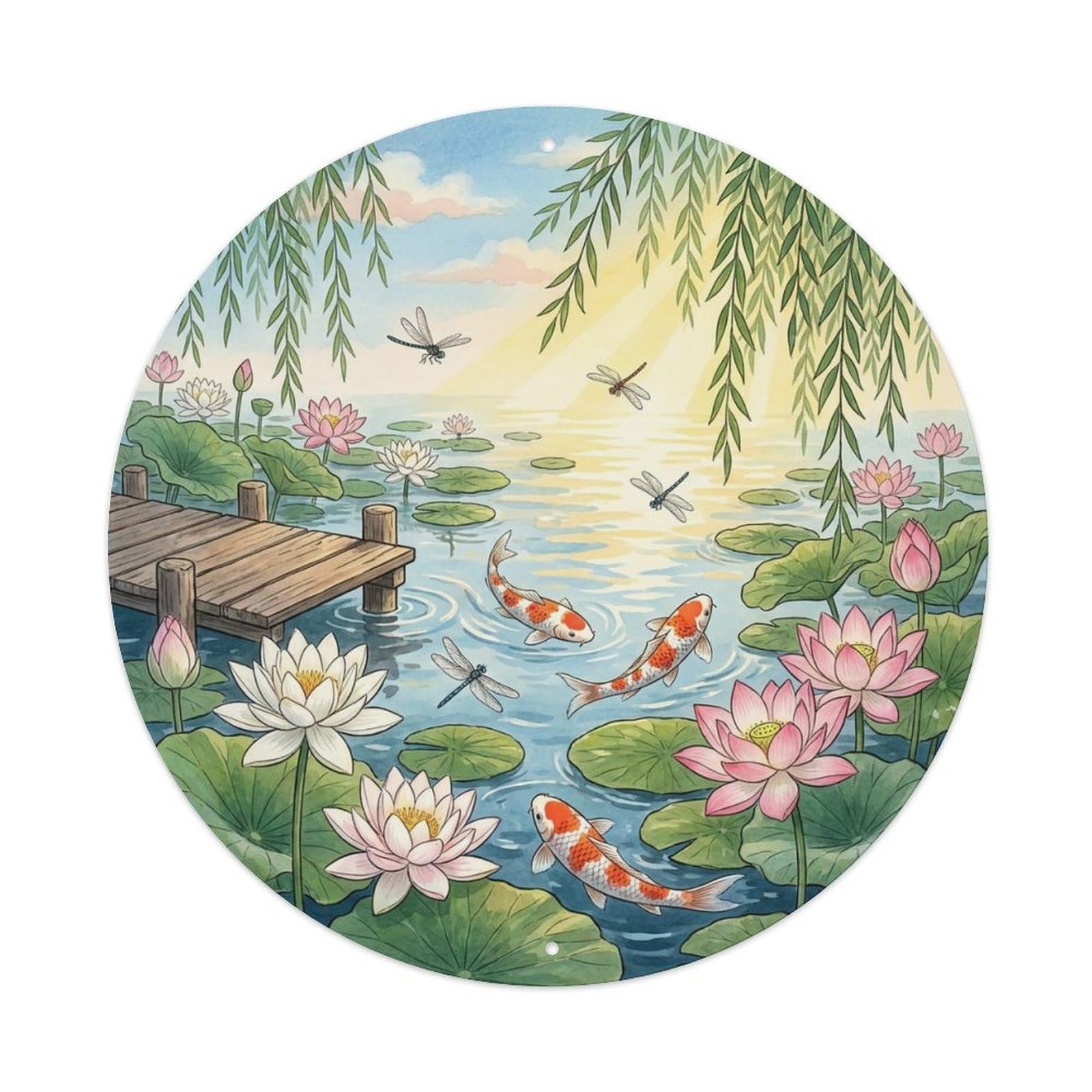 Olyhtr 8X8inch Classic Style Water Lily Koi Pond Garden Summer Classic Metal Tin Sign