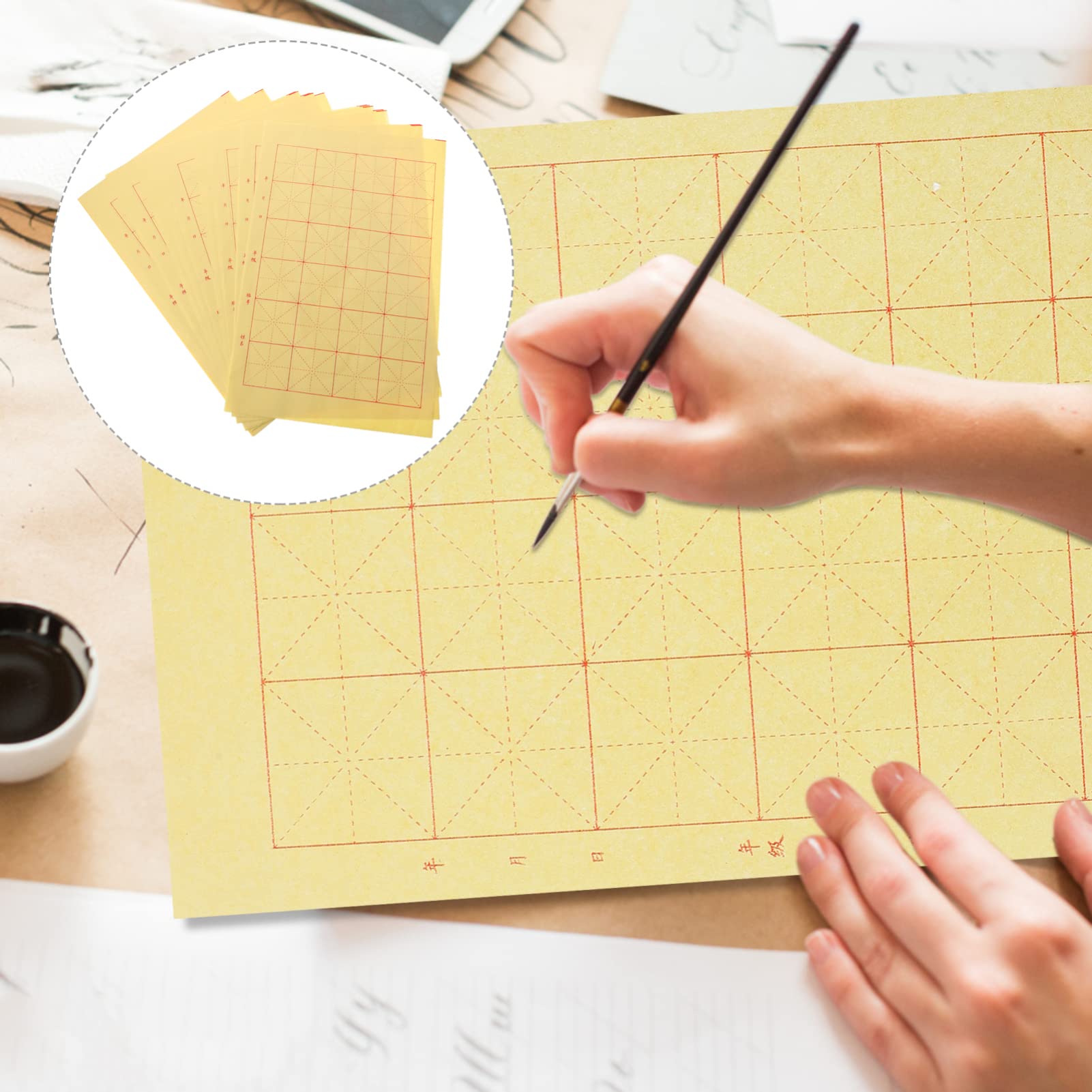 Healifty 150 fogli di carta di riso per calligrafia cinese con griglia di scrittura, per assorbimento tradizionale dell'inchiostro Xuan e calligrafia a pennello