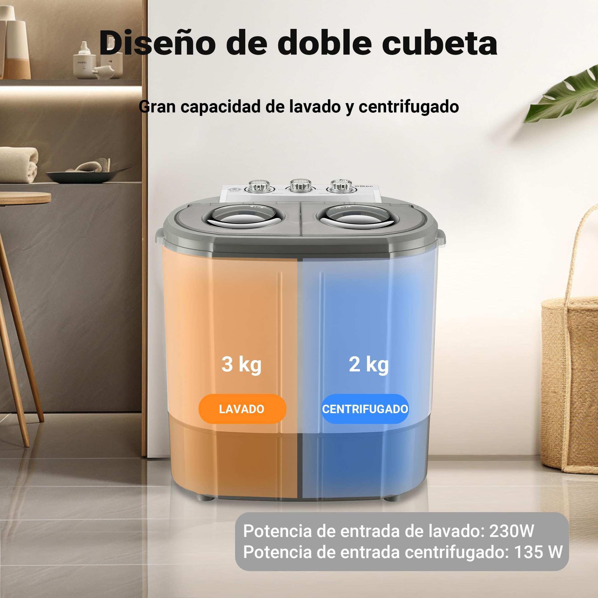 Wiltec Lavadora de camping portátil de doble tina 230 W 3 kg lavado y 2 kg centrifugado con temporizador mini lavadora compacta para camping, pisos pequeños, cubeta doble para lavado y centrifugado
