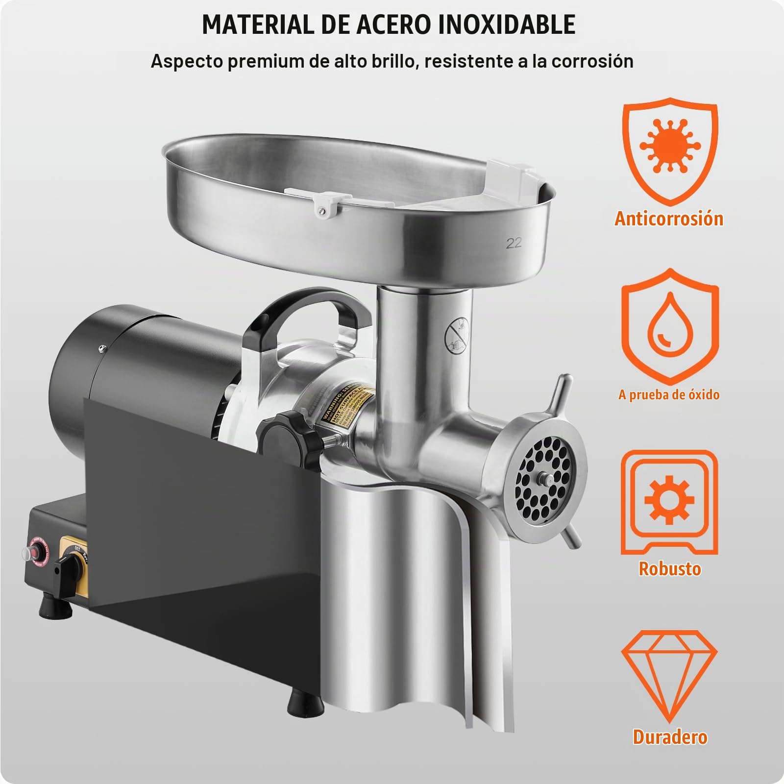 VEVOR Picadora de Carne Eléctrica Industrial de Encimera, Capacidad de 6,36 kg/Min, con Cuchilla, Placa Molienda, para Hacer Salchichas, Acero Inoxidable, para Cocina y Restaurante, 570 x 270 x 470 mm