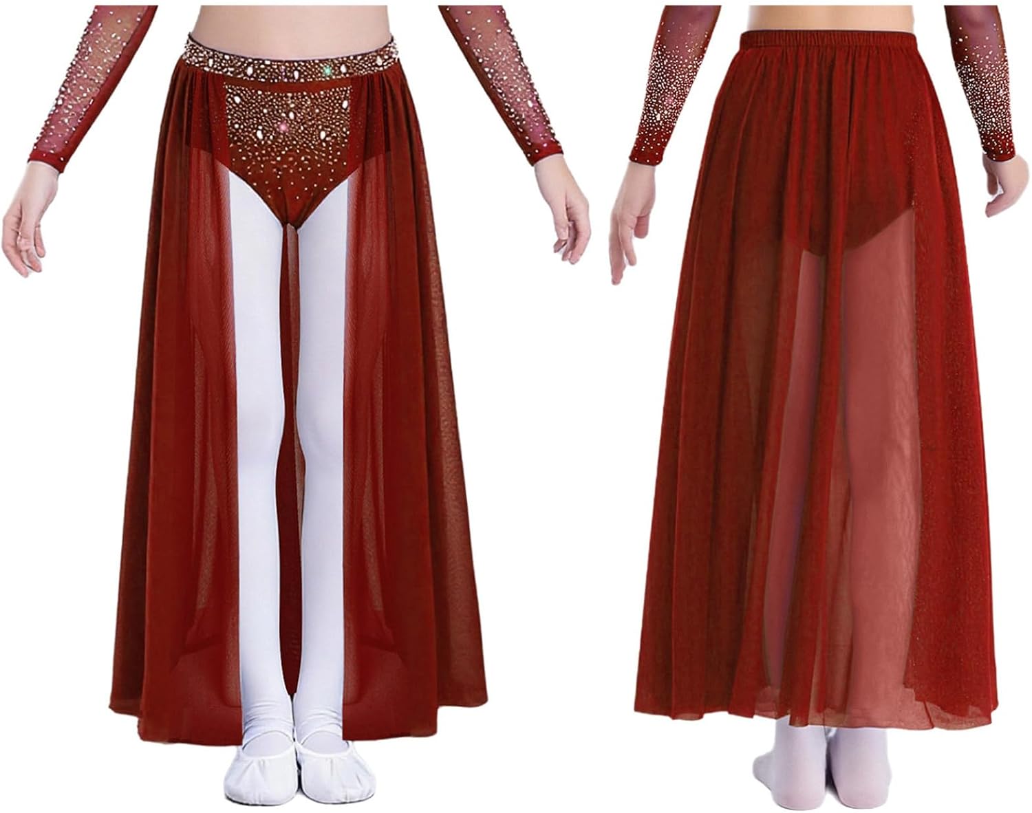 Loyan Big Girls Sheer Mesh Maxi Skirt Ballerina Dress Lyrical Ballet Dance Skirts with Briefs Ballroom Dancing Outfits