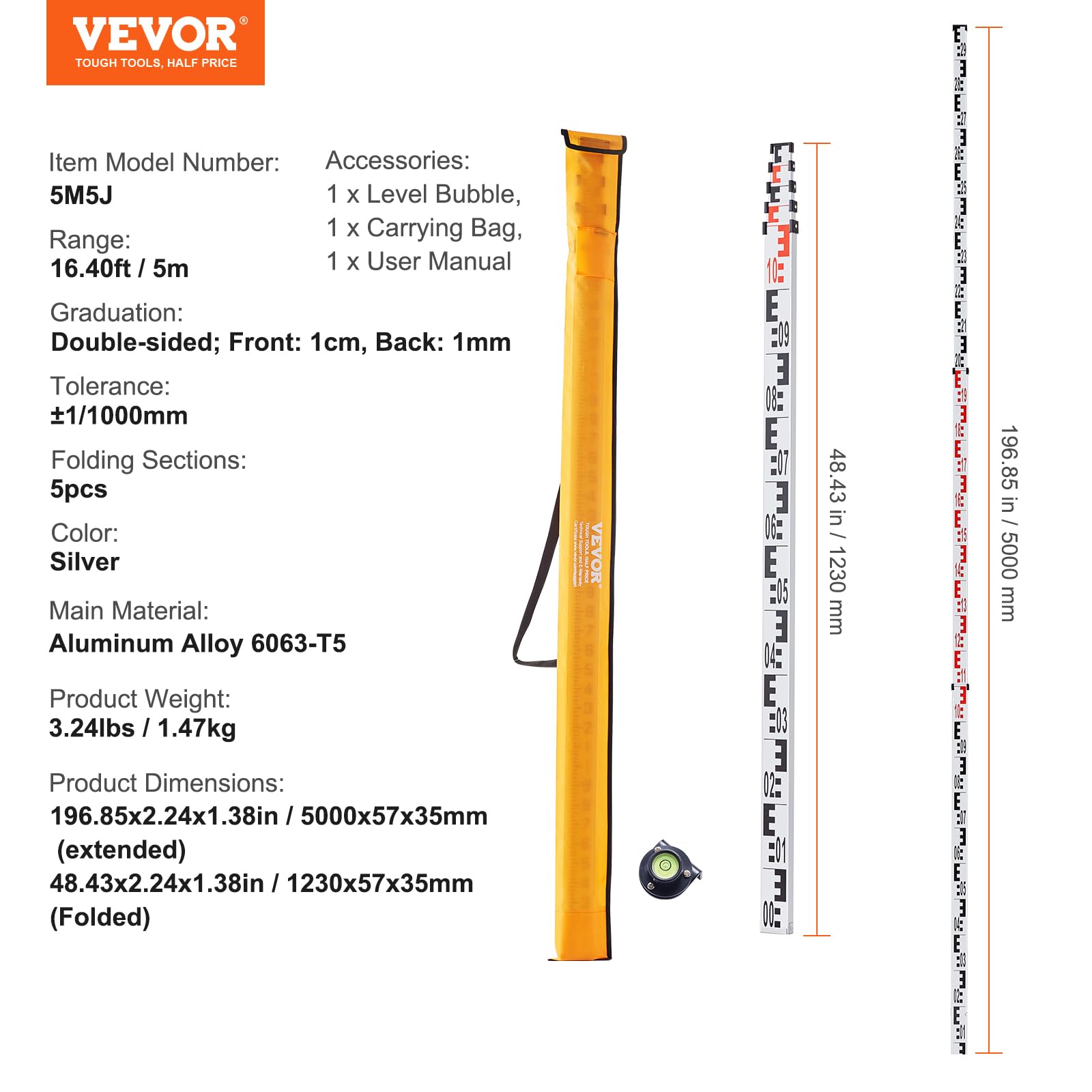 VEVOR Tige de mesure télescopique métrique 5 m, mire télescopique de mesure double face en cm/mm règle en alliage d'aluminium avec niveau à bulle et sac de transport pour mesurer maisons, murs, sols