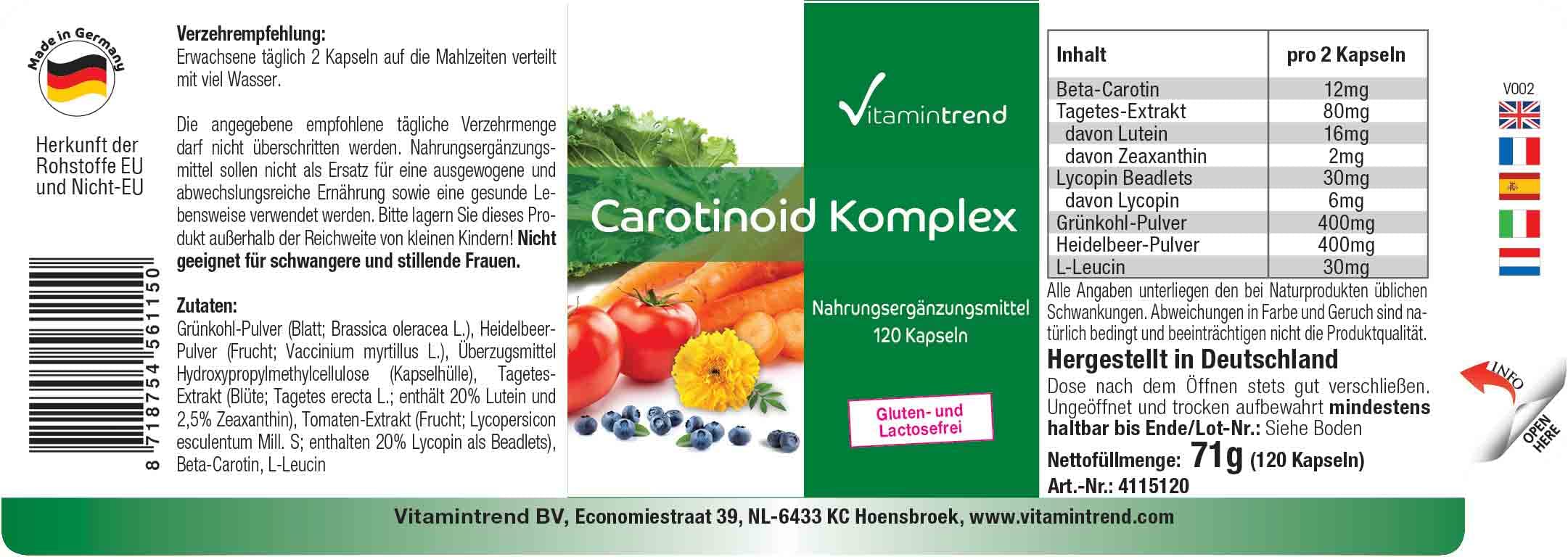 Vitamintrend Complesso di carotenoidi, 120 capsule, facili da deglutire, carotenoidi naturali, integratore alimentare vegano senza stearato di magnesio, prodotto in Germania