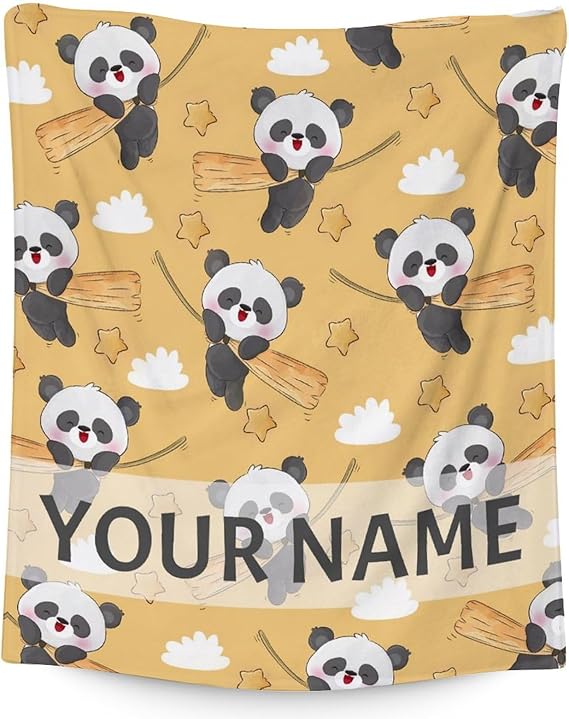 Personalized Panda Blanket Gifts with Name - 50"x60" Cute Throw Blanket for Kids, Adults - Yellow Soft Fuzzy Blankets for Bed, Couch & Living Room