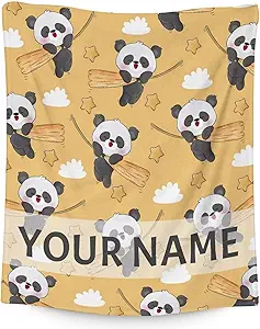 Personalized Panda Blanket Gifts with Name - 50"x60" Cute Throw Blanket for Kids, Adults - Yellow Soft Fuzzy Blankets for Bed, Couch & Living Room