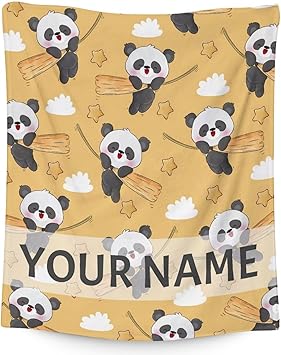 Personalized Panda Blanket Gifts with Name - 50"x60" Cute Throw Blanket for Kids, Adults - Yellow Soft Fuzzy Blankets for Bed, Couch & Living Room