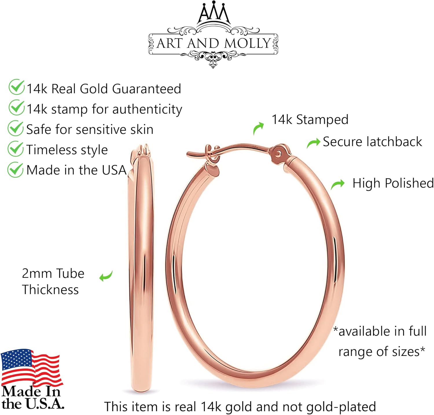 14k Gold Hoop Earrings, 1" Diameter - Image 3