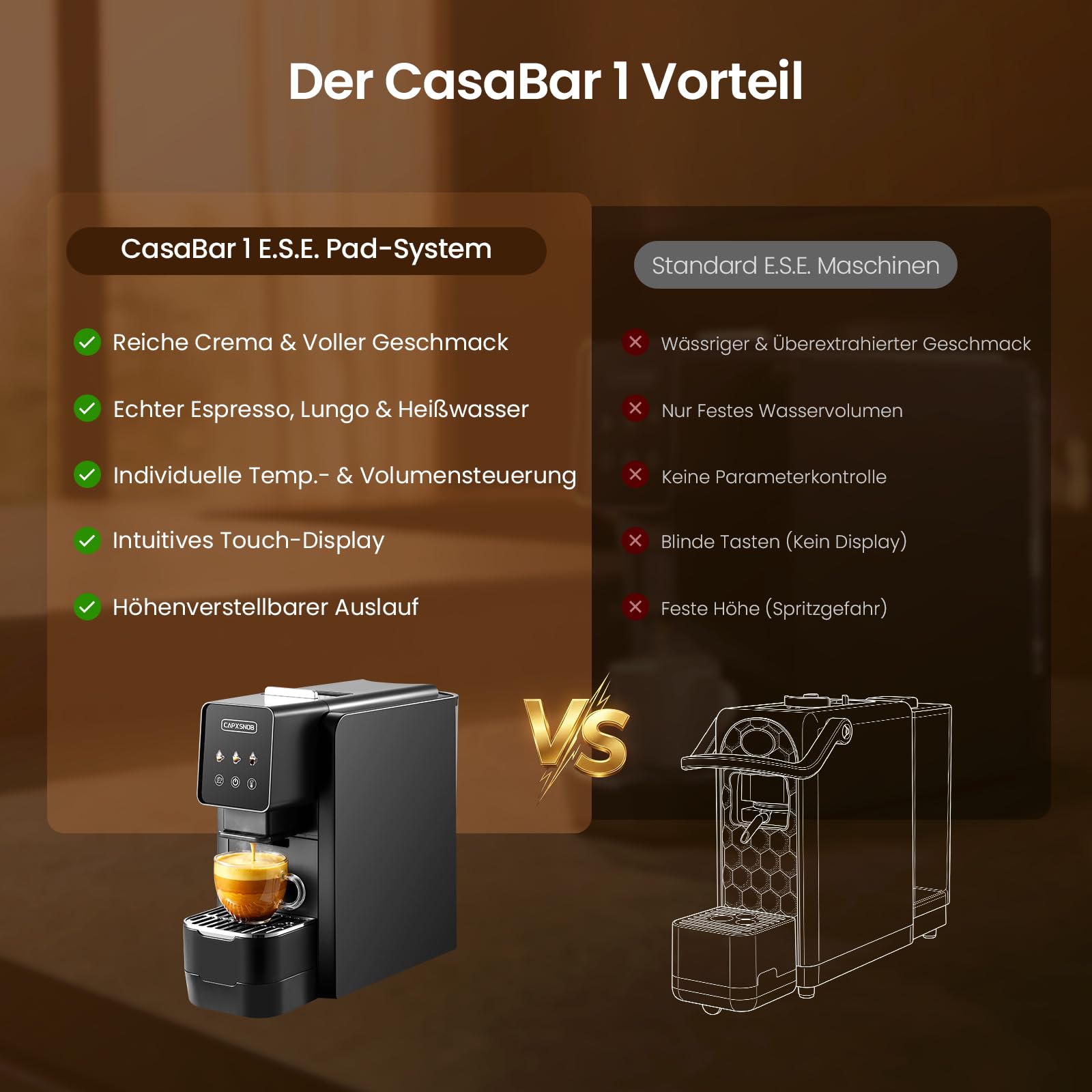 Casabar1 Kaffeepadmaschine für 44mm E.S.E. Pads, Touchscreen, 4 Getränke | 19 Bar Italienische Pumpe, Pre-Infusion, Einstellbare Temp. & Menge, Americano-Bypass, Espressomaschine für Zuhause & Büro