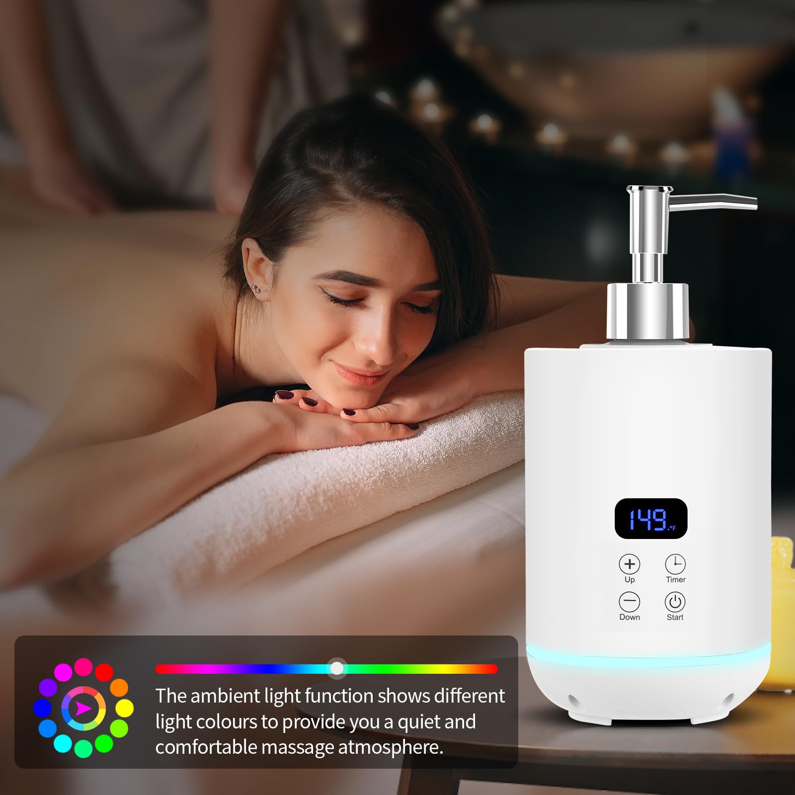 Calentador de aceite para masajes, iklestar calentador digital para botellas de aceite para masajes con luz ambiental, dispensador eléctrico portátil para lociones corporales calientes, blanco