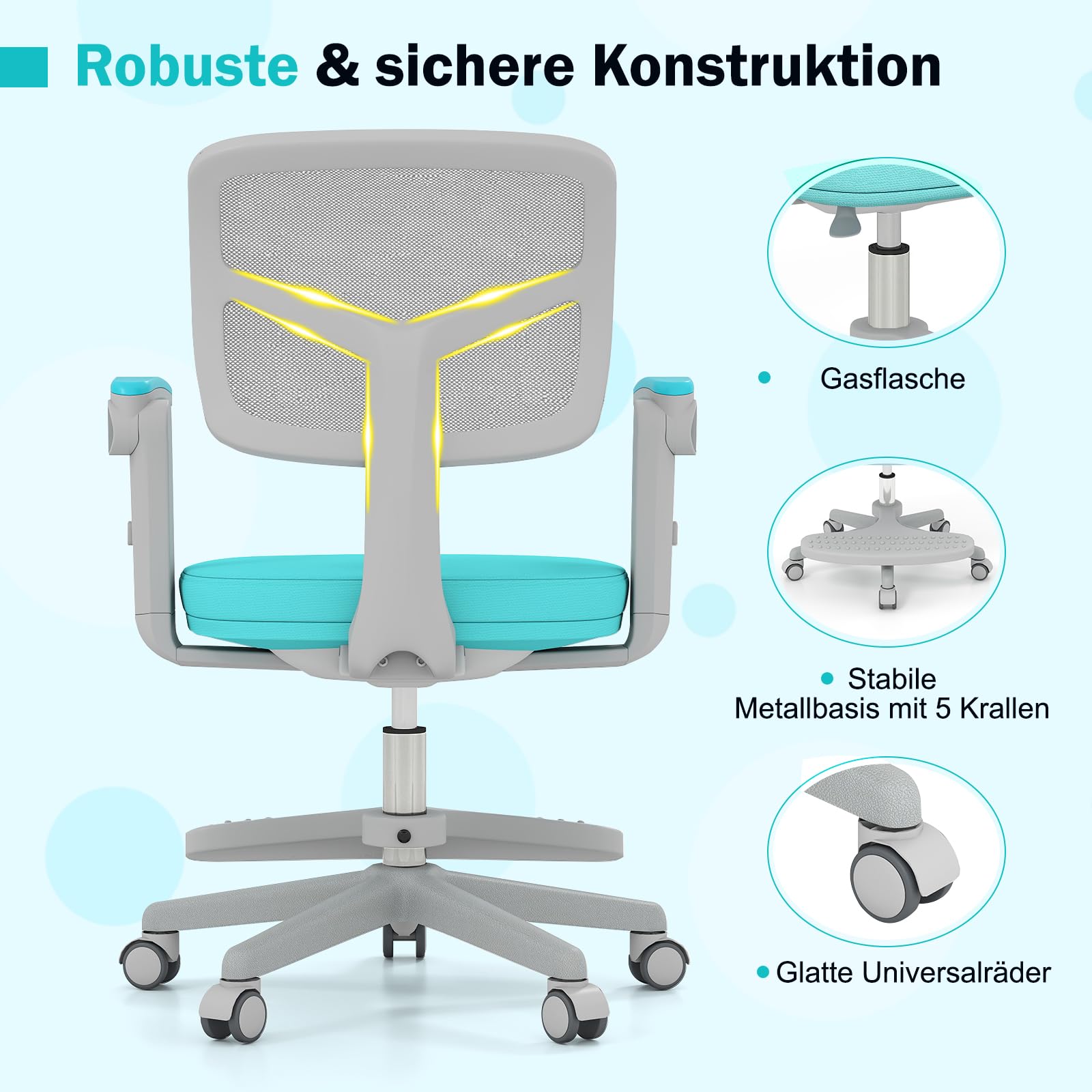 GOPLUS Schreibtischstuhl Kinder, höhenverstellbarer Kinderdrehstuhl mit Fußstütze, Kinderschreibtischstuhl mit klappbaren Armlehnen & Rollen, Sitzhöhe 41-52 cm, für 3-15 Jungen & Mädchen (Türkis)