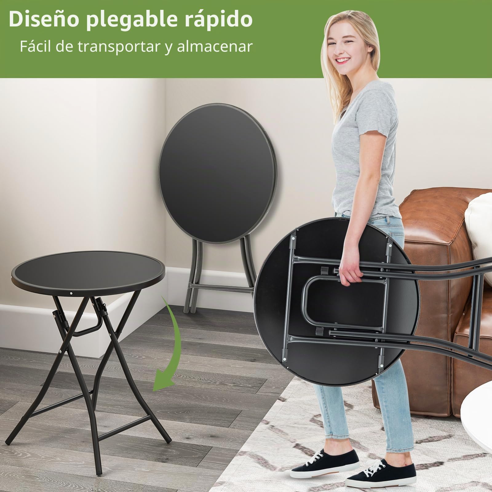 GOPLUS Mesa auxiliar redonda, diámetro de 59 cm, mesa de jardín plegable de metal y cristal templado, mesa de balcón, pequeña resistente a la intemperie, mesa de café, mesa de café, mesa de comedor,