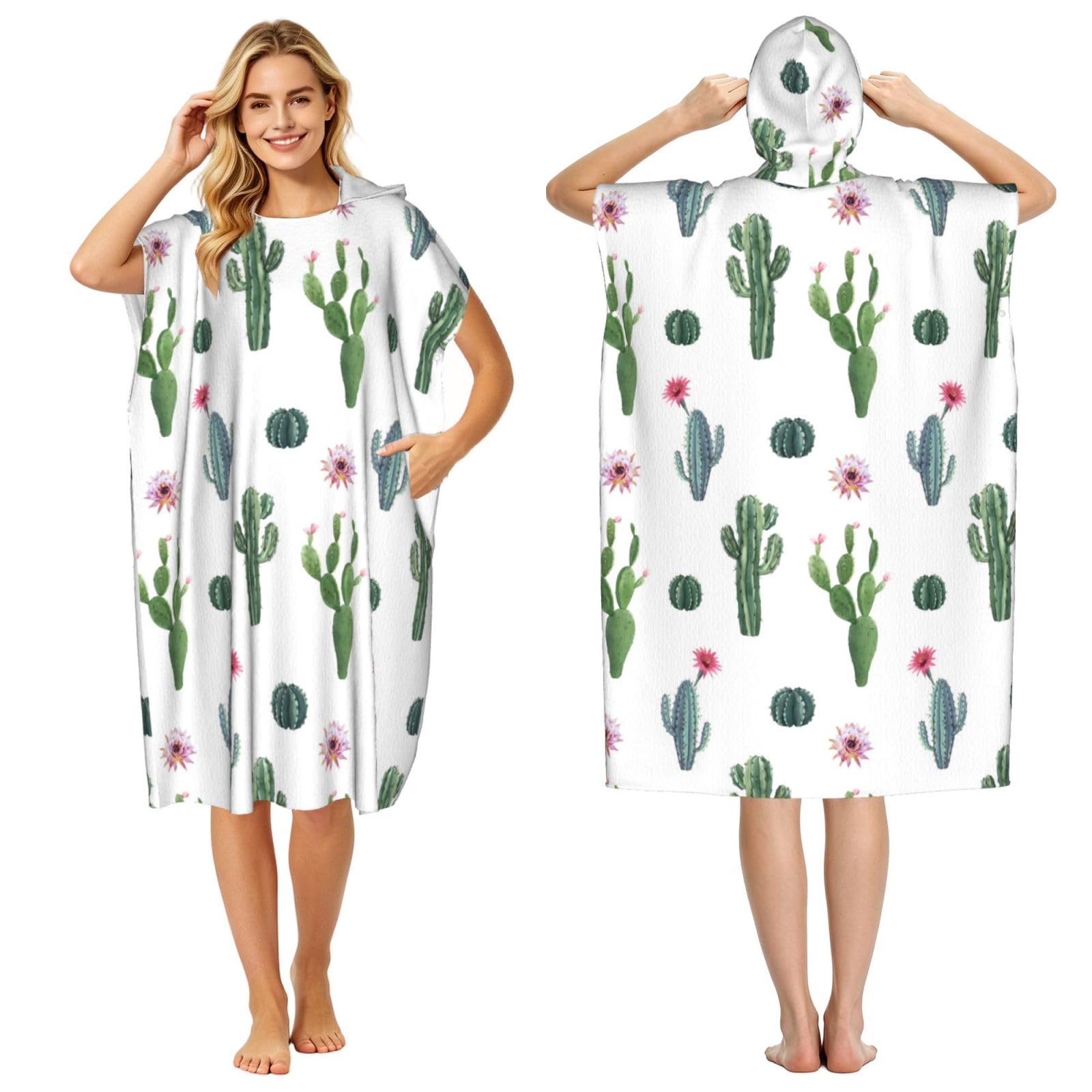 Poadnly Cactus Flower Succulent Cacti, Adult Hooded Beach Towel 90 x 110 cm,Changing Bath Robe, Surf Poncho Towel For Women Men