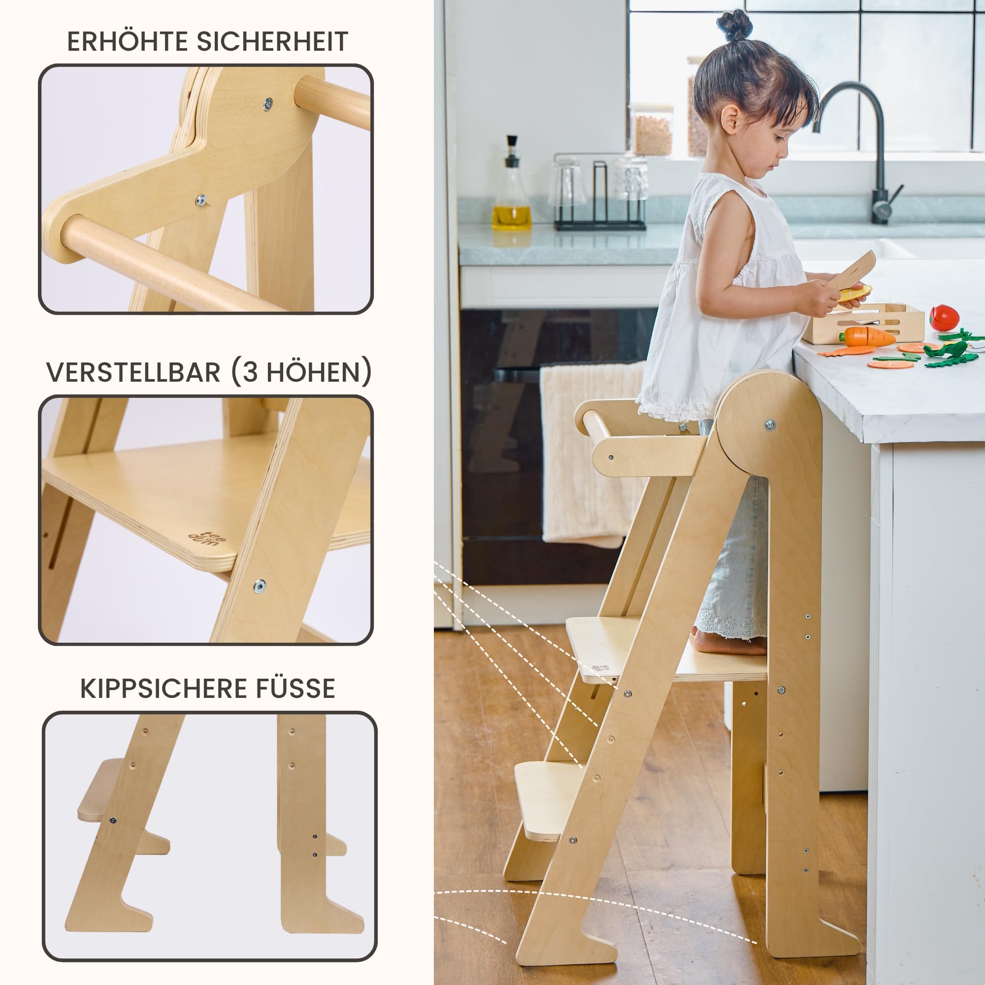 Montessori kompakter und leichter Aussichtsturm aus Birkenholz, belastbar bis 80 kg, 3 Höhen verstellbar, CE-zertifiziert und Kippsicherheit, Autonomie und Kapazität