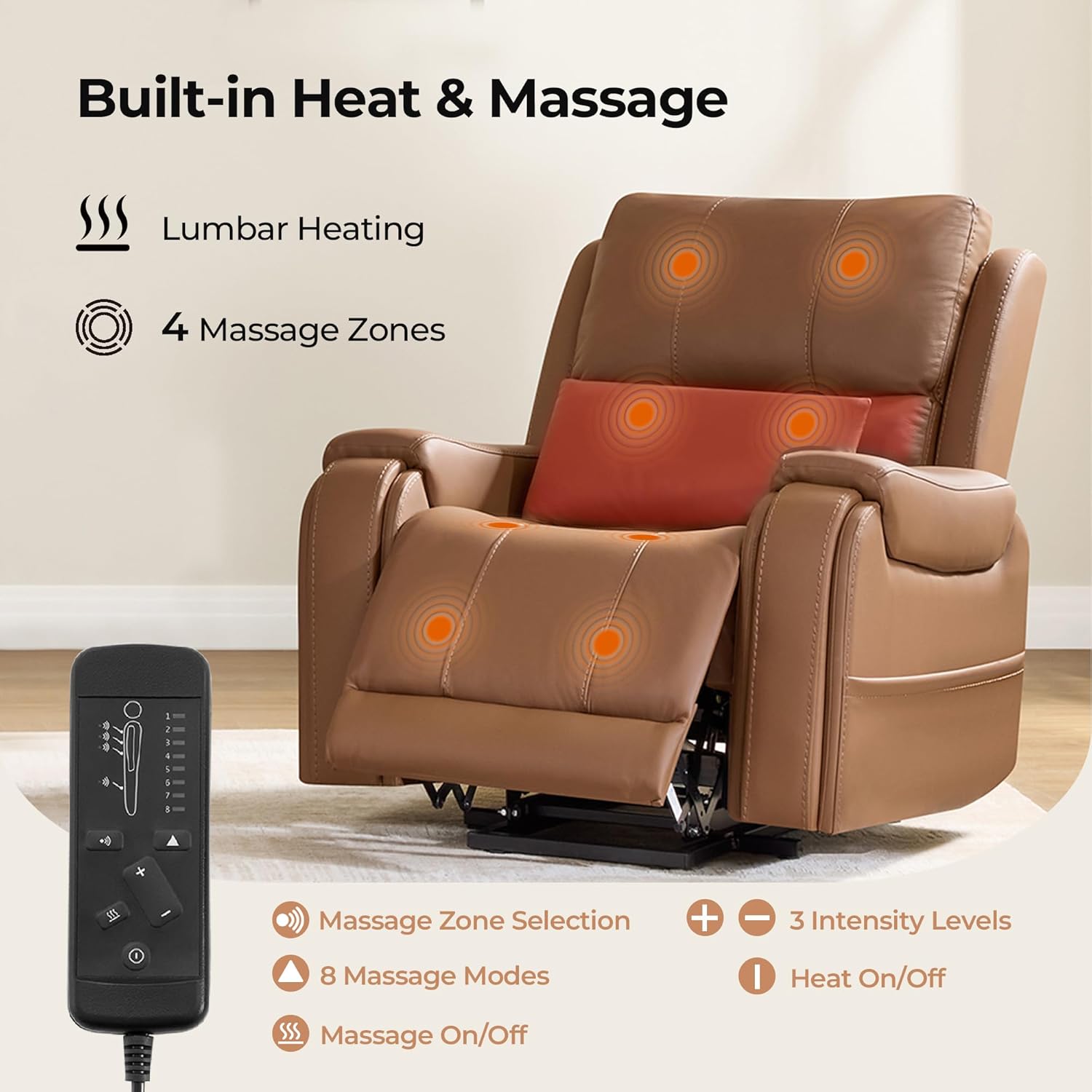 CHITA Power Lift Recliner Chair for Elderly with Heat and Massage, Genuine Leather Electric Lift Chairs with Cup Holder, Removable Lumbar Pillow, 2 Side Pockets, Leather in Saddle