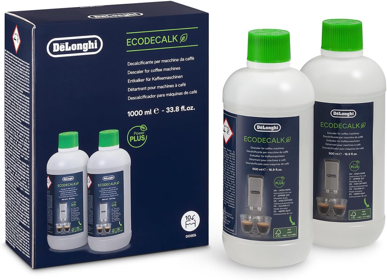 Original EcoDecalk Descaler for Fully Automatic Coffee Machine and Coffee Makers, Universal Descaler for 10 Descaling Processes, DLSC502, 2 x 500 ml, White