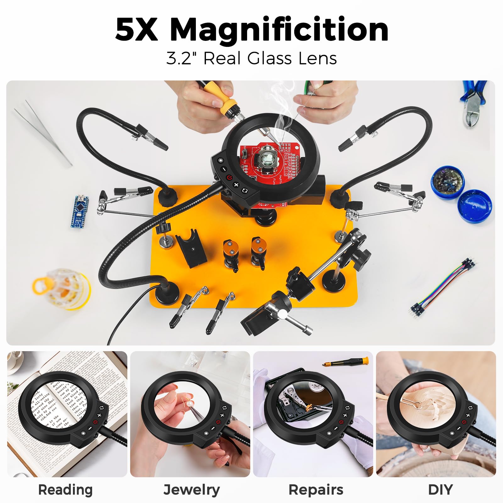 NOEVSBIG Stazione di saldatura Helping Hands con lampada d'ingrandimento 5X, bracci magnetici flessibili, morsetti per saldatura a 360°, morsa da banco da lavoro e grande base stabile e morsetto per