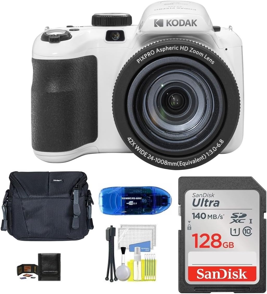 Kodak PIXPRO AZ425 Digital Camera Bundle, Includes: SanDisk 128GB SDXC Memory Card, Small Camera Bag, SD Card Reader and More (6 Items) (White)
