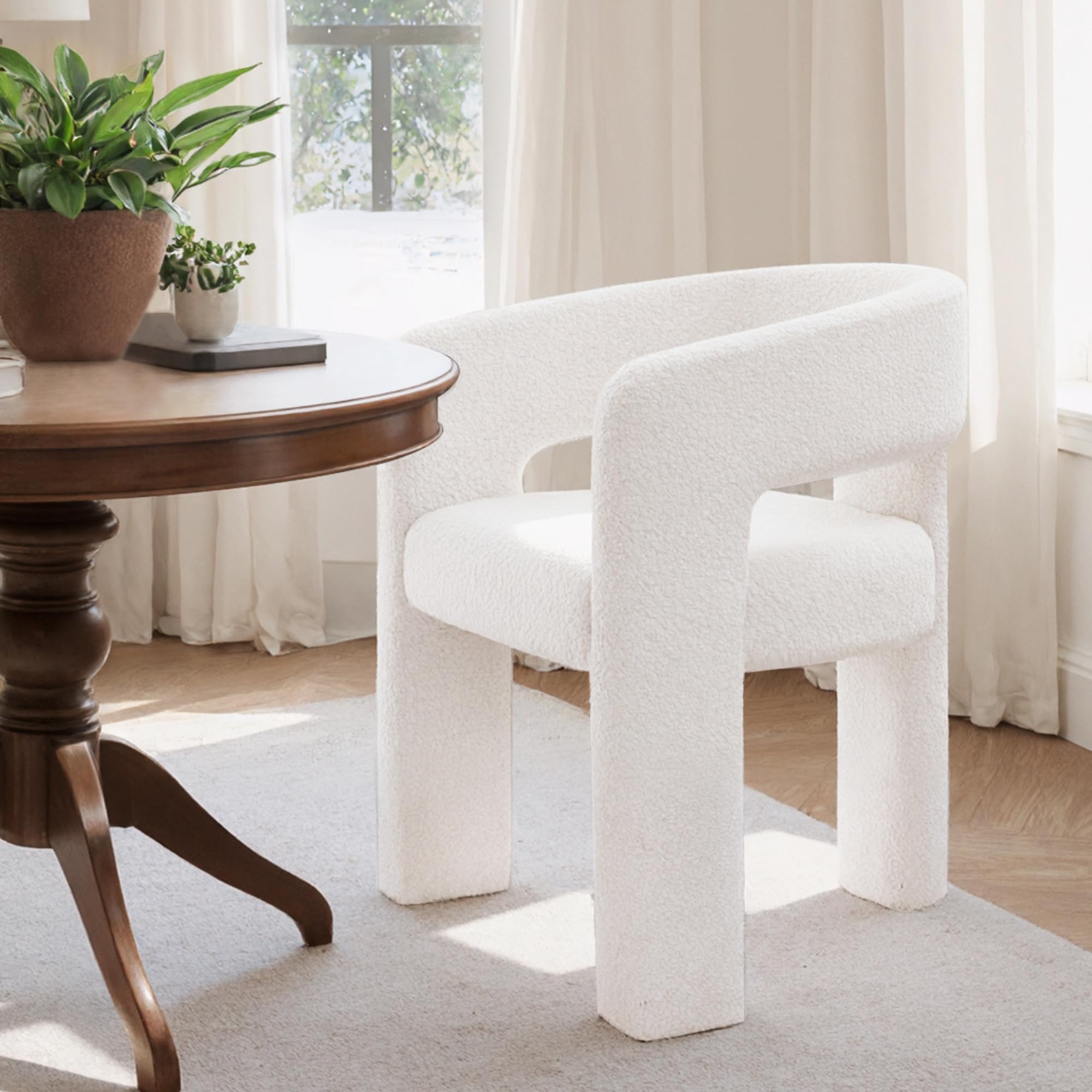 Hyfirm White Sherpa Barrel Dining Chairs Set of 1, Modern Comfy Upholstered Fluffy Accent Dining Room Chair with Arm for Kitchen Living Room Bedroom