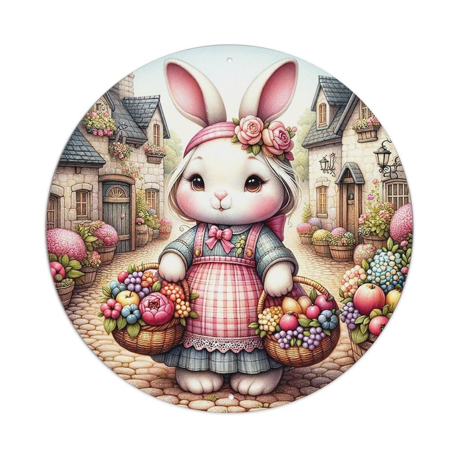 Cute Rabbit Holding Fruit Baskets Tin Sign Metal Poster Vintage Metal Signs for Home Man Cave Bar Cafe Kitchen laundry room Wall Decorations 8x8 inches