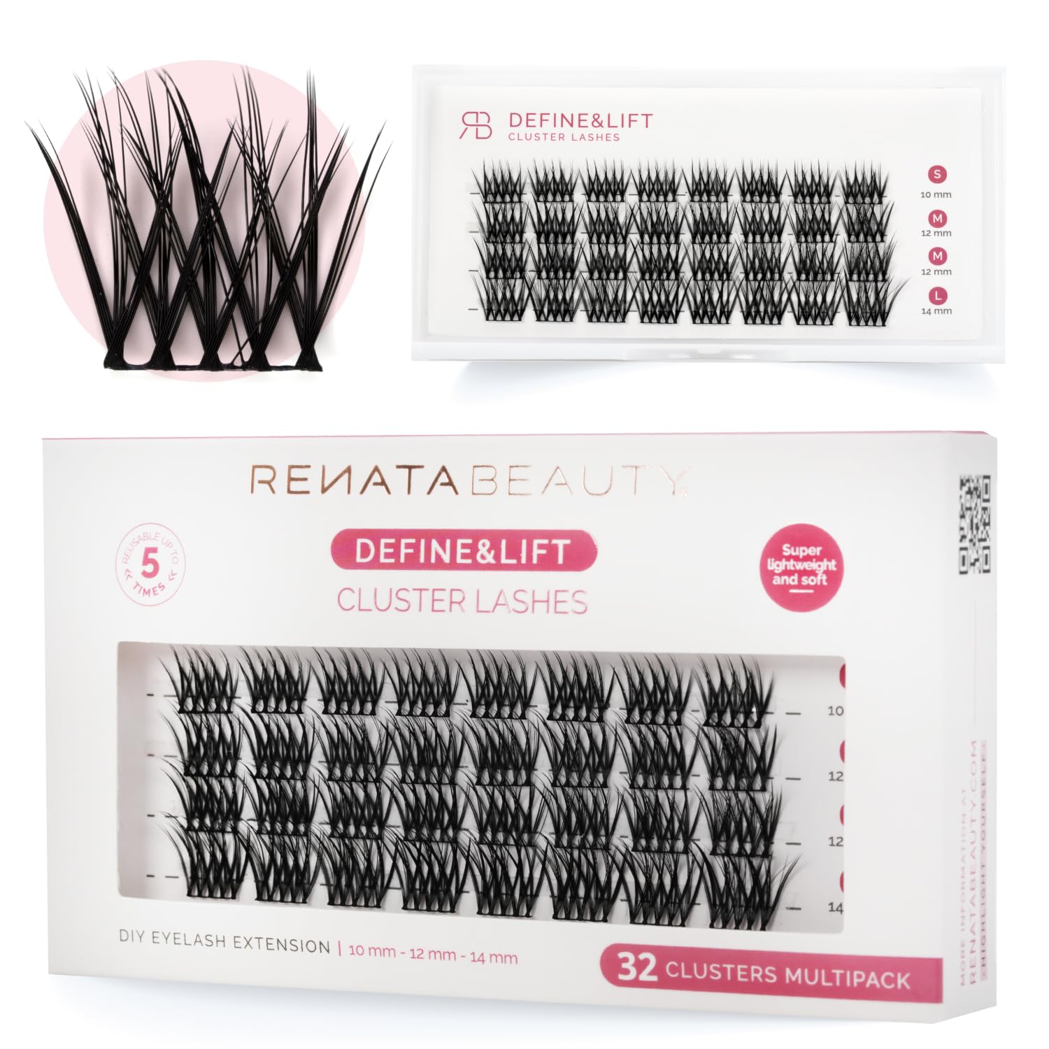 Renata Beauty Define&Lift Ciglia Finte in Gruppo - Multipack da 32 pezzi, Lunghezze Miste (10mm, 12mm, 14mm), Ricciolo C, Valorizza la Linea Naturale delle Ciglia, Ideali per l'Uso Quotidiano