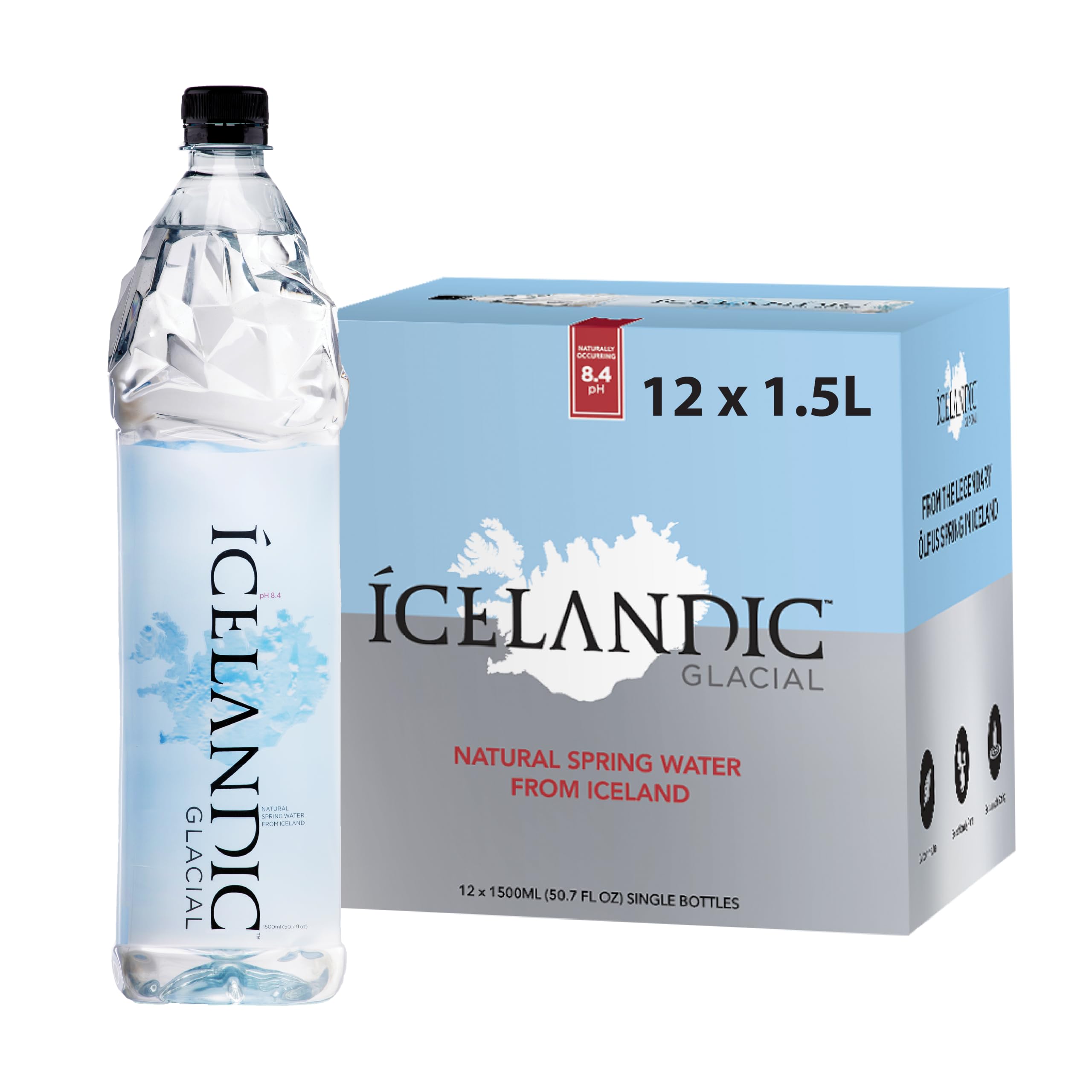 Icelandic Glacial Premium Still Water 1.5L Recycled PET Bottles x 12 Per Pack – Alkaline/Low PH, Recycled Packaging, BPA Free, Carbon Neutral from Icelandic Spring. Low TDS and Mineral Content.